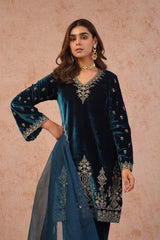 TEAL BLUE VELVET EMBROIDERED SUIT- II