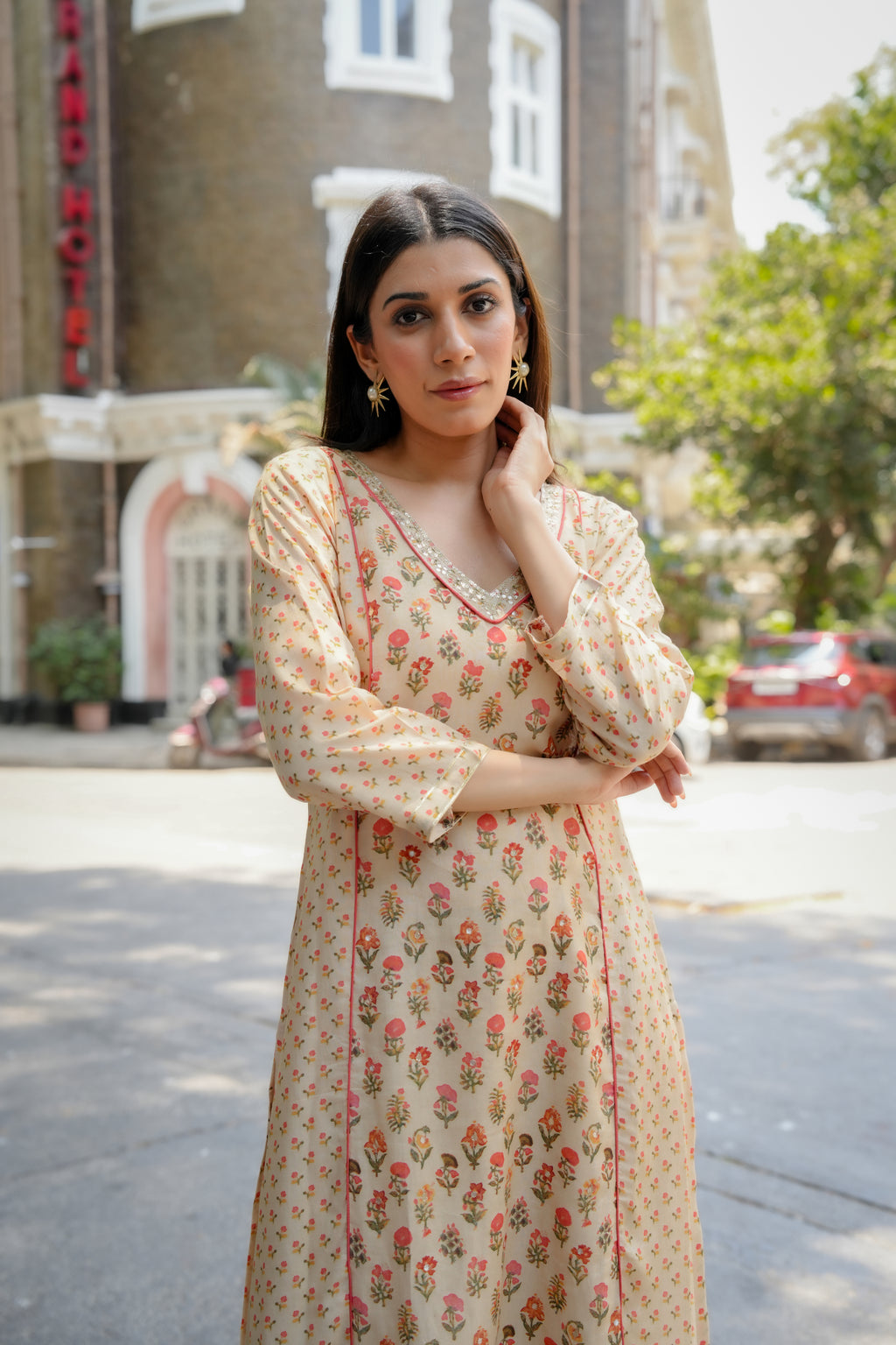 Beige with Orange and Red Small Buti Gota Work V Neck Panel Block Print Kurta pant set- SET OF-2