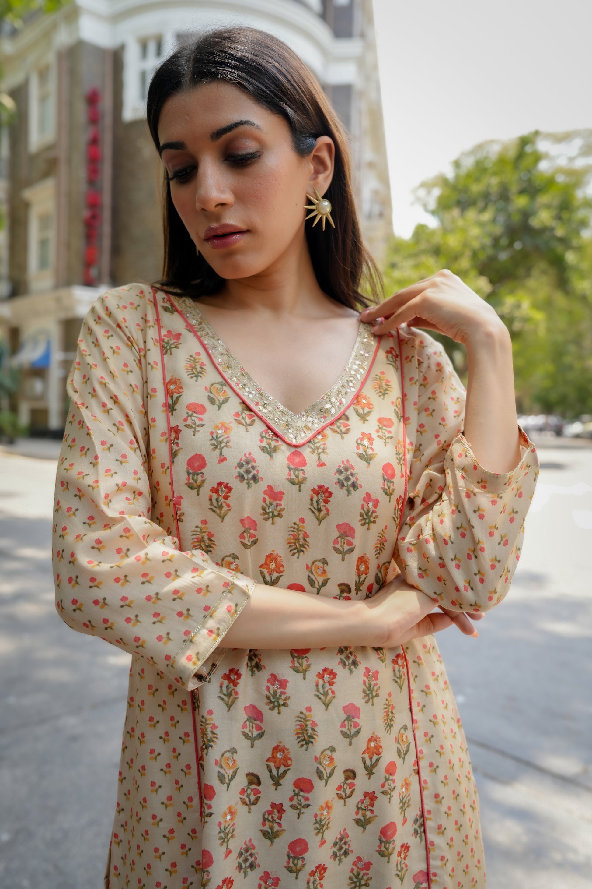 Beige with Orange and Red Small Buti Gota Work V Neck Panel Block Print Kurta pant set- SET OF-2