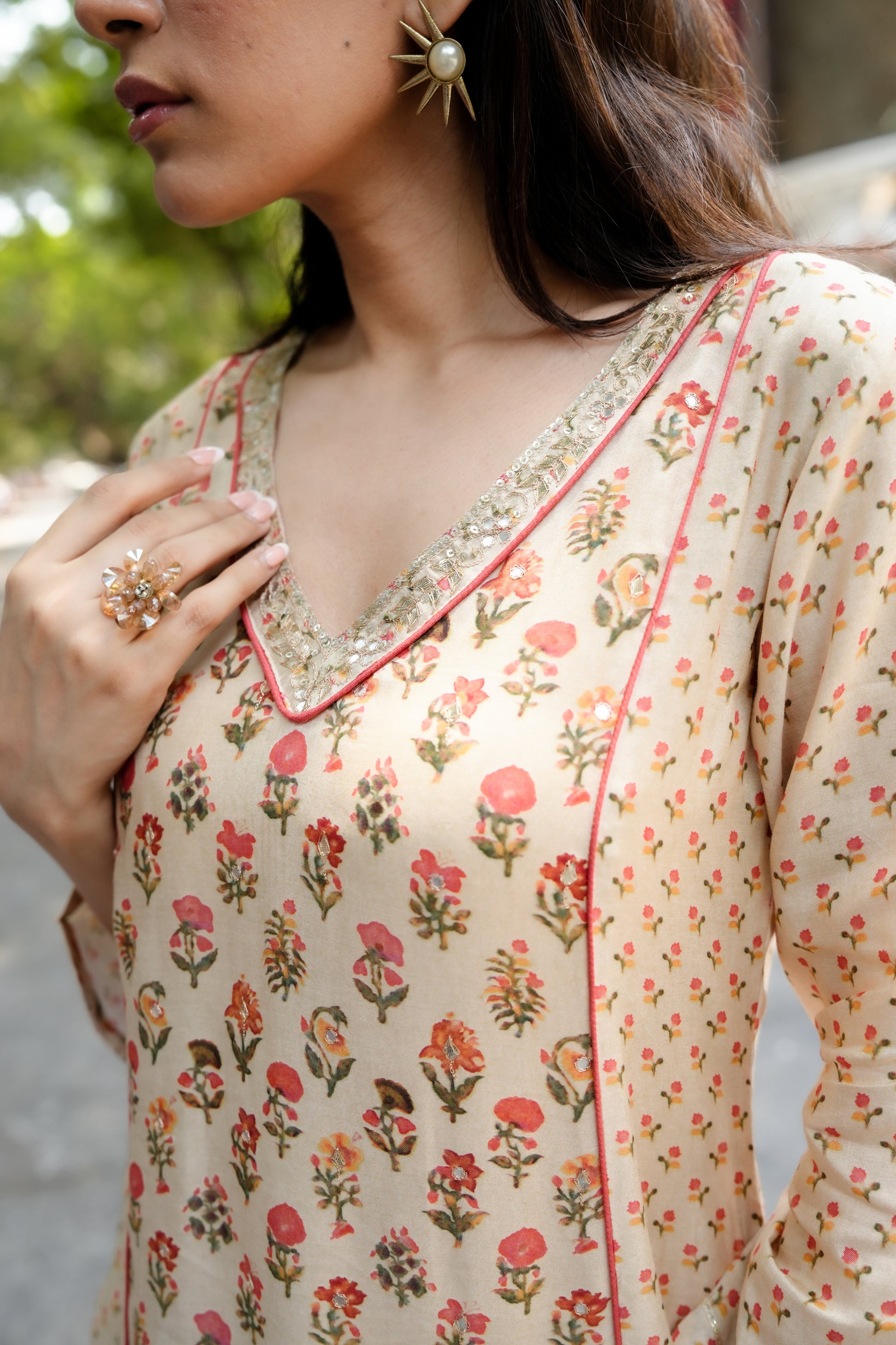 Beige with Orange and Red Small Buti Gota Work V Neck Panel Block Print Kurta pant set- SET OF-2