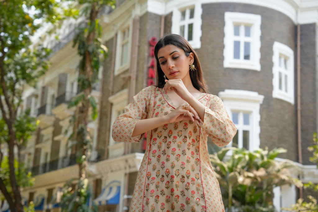 Beige with Orange and Red Small Buti Gota Work V Neck Panel Block Print Kurta pant set- SET OF-2