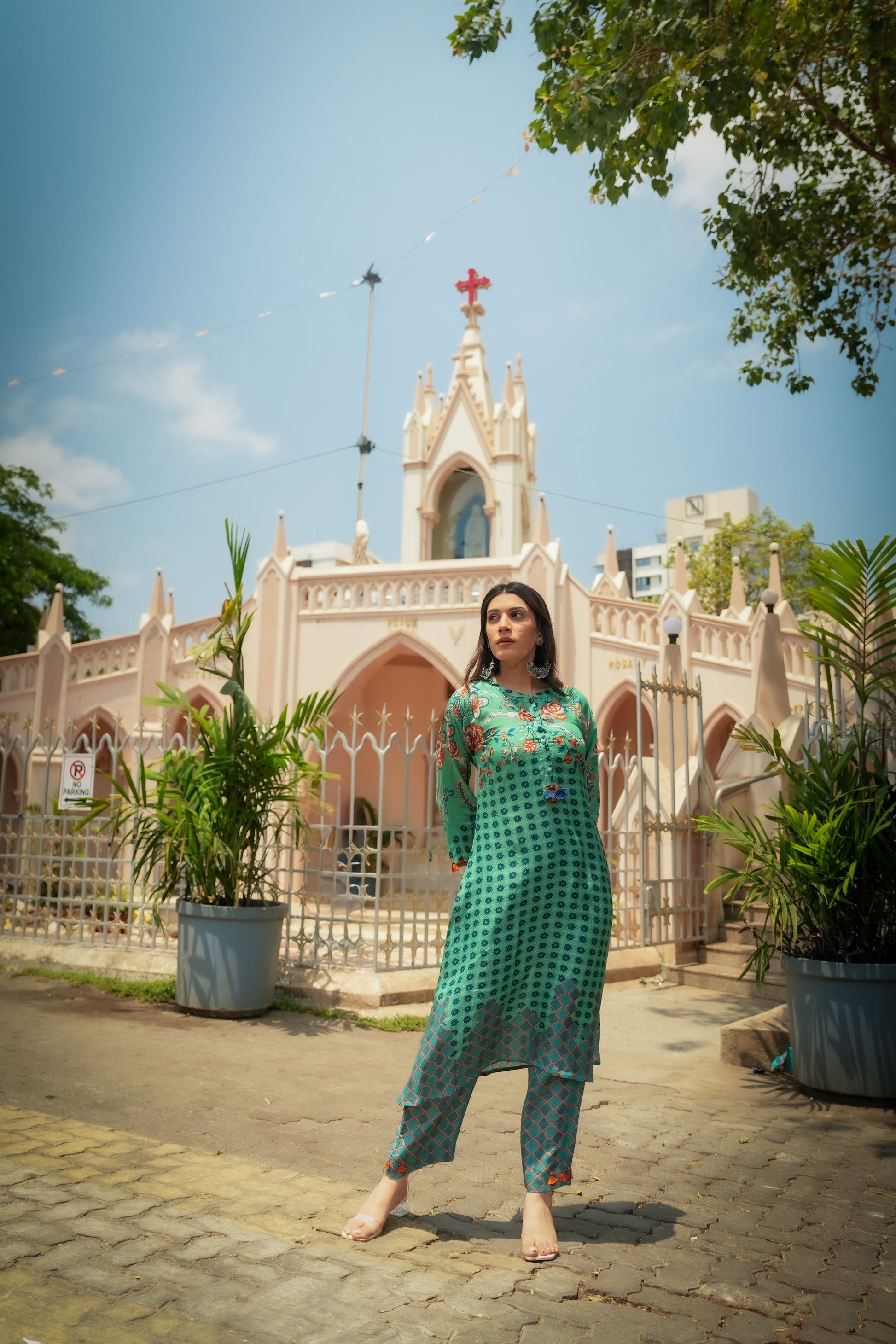 Green and Blue Pure Muslin Block and Floral Placement Print with Tassels Kurta Set- SET OF-2