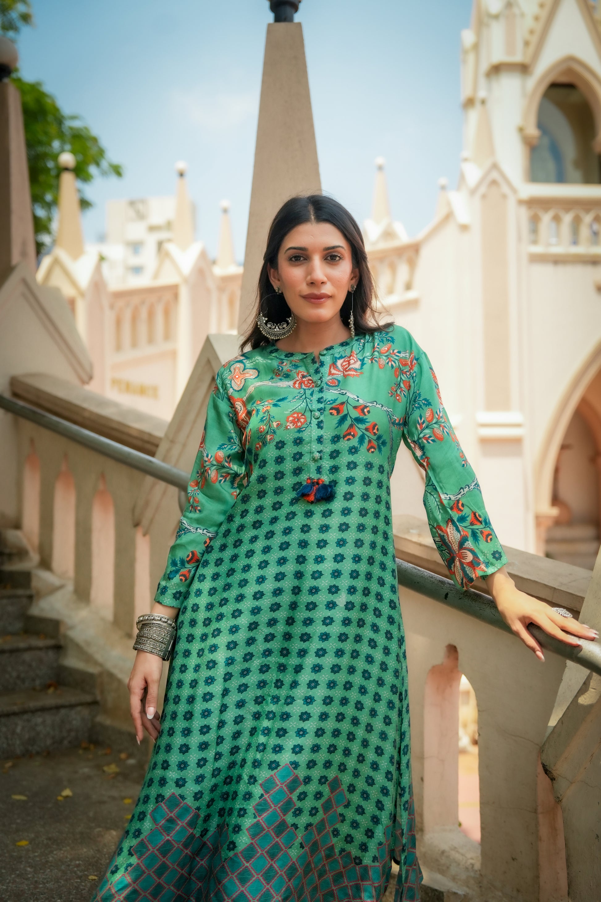 Green and Blue Pure Muslin Block and Floral Placement Print with Tassels Kurta Set- SET OF-2