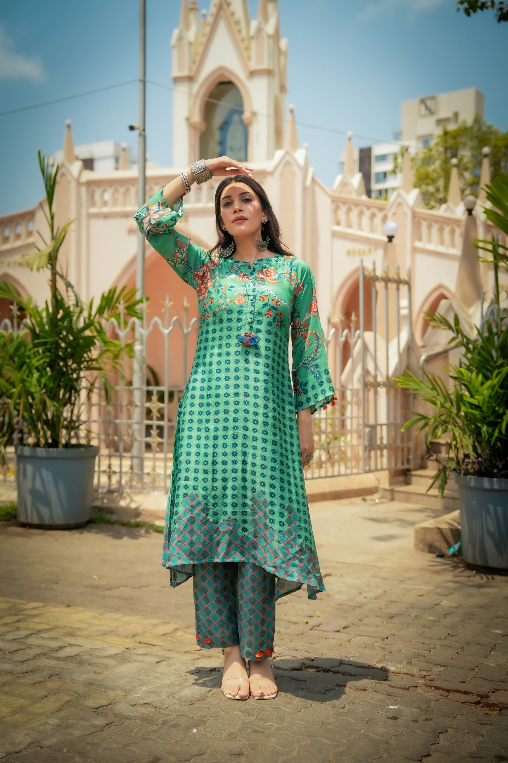 Green and Blue Pure Muslin Block and Floral Placement Print with Tassels Kurta Set- SET OF-2