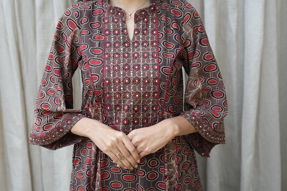 Brown ajrakh hand embroidered kali kurta