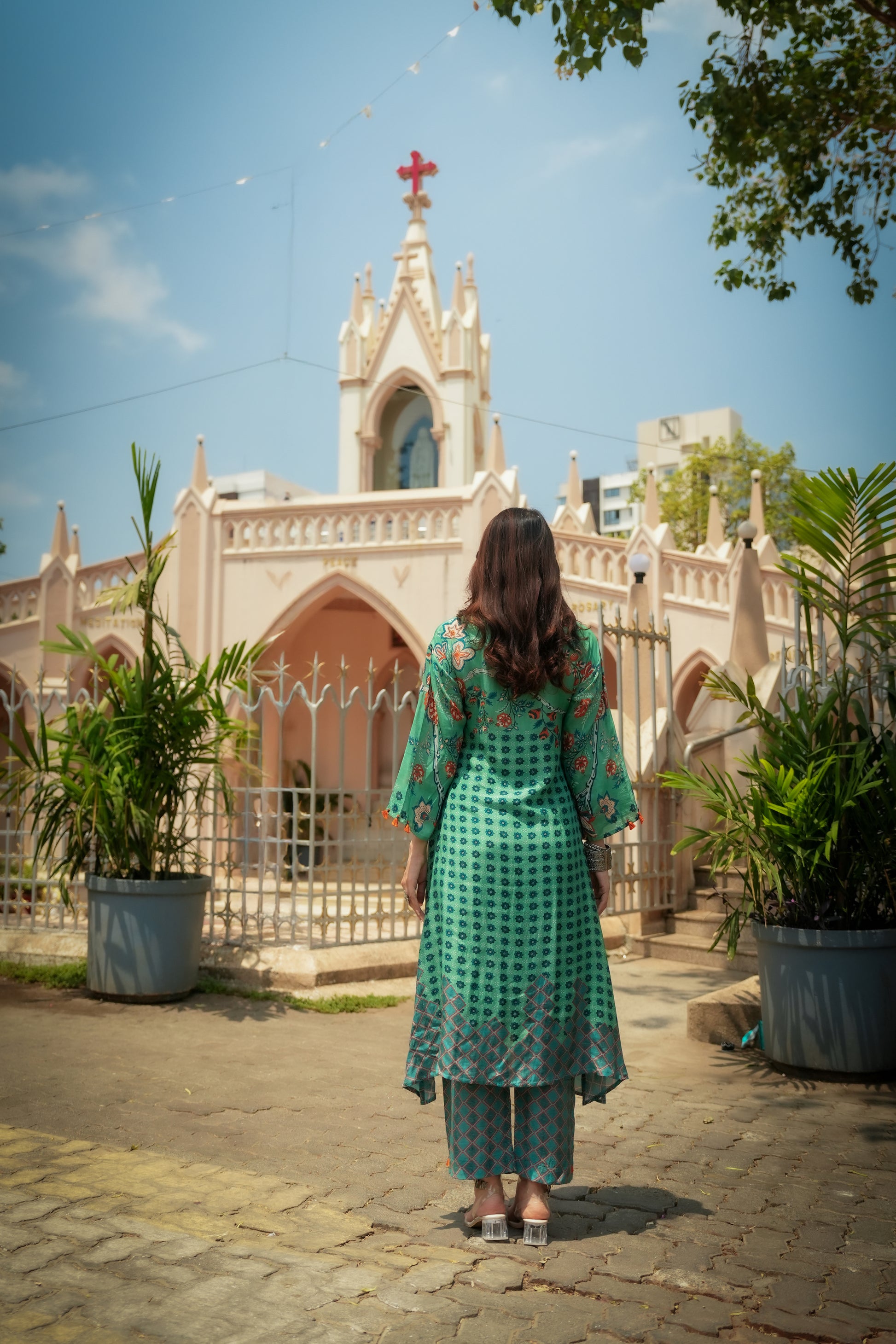 Green and Blue Pure Muslin Block and Floral Placement Print with Tassels Kurta Set- SET OF-2
