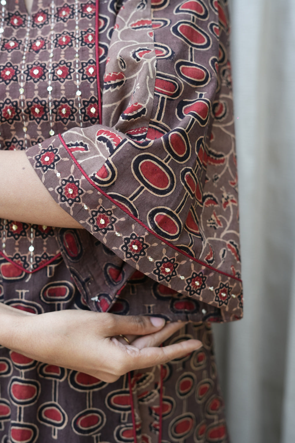 Brown ajrakh hand embroidered kali kurta