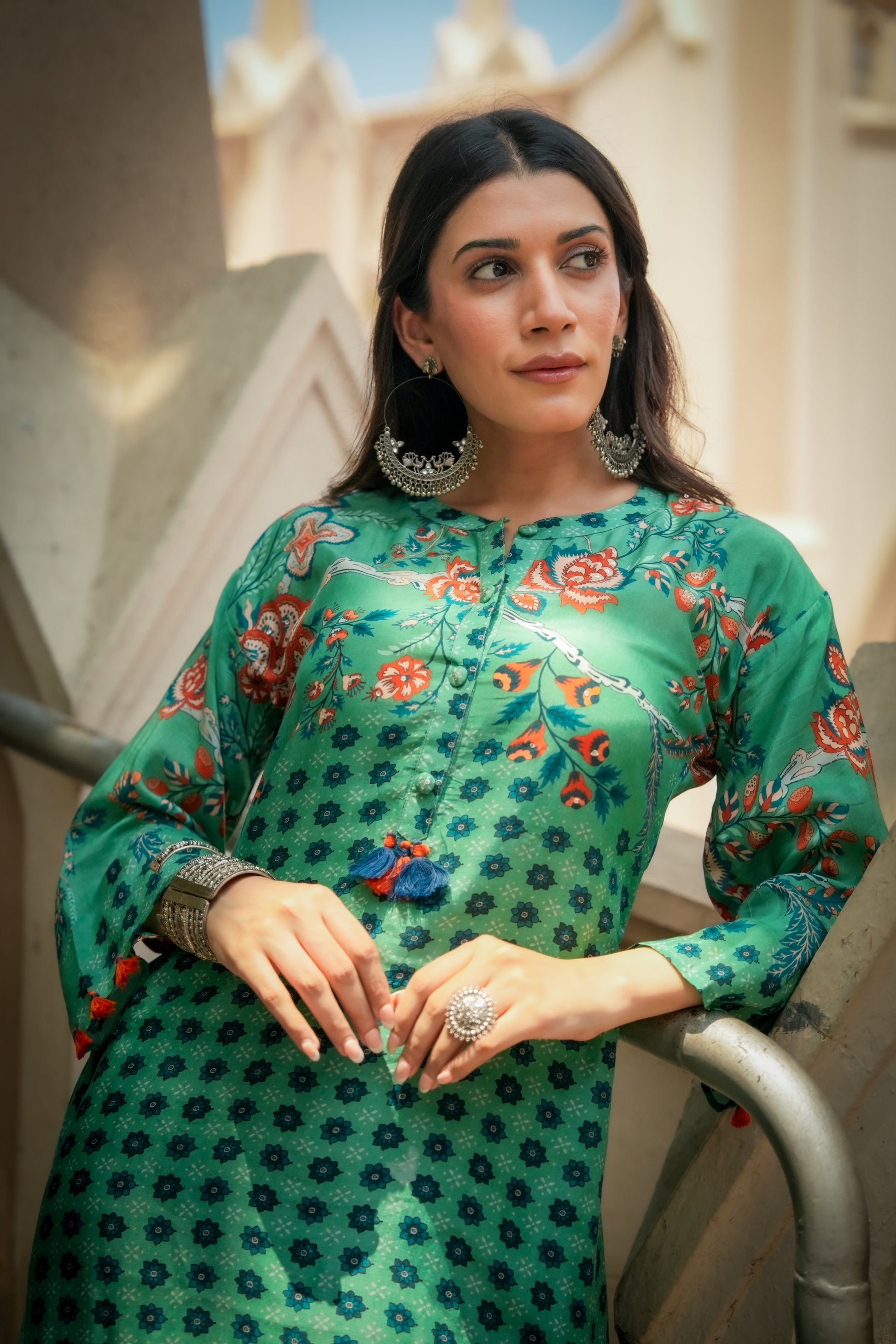 Green and Blue Pure Muslin Block and Floral Placement Print with Tassels Kurta Set- SET OF-2