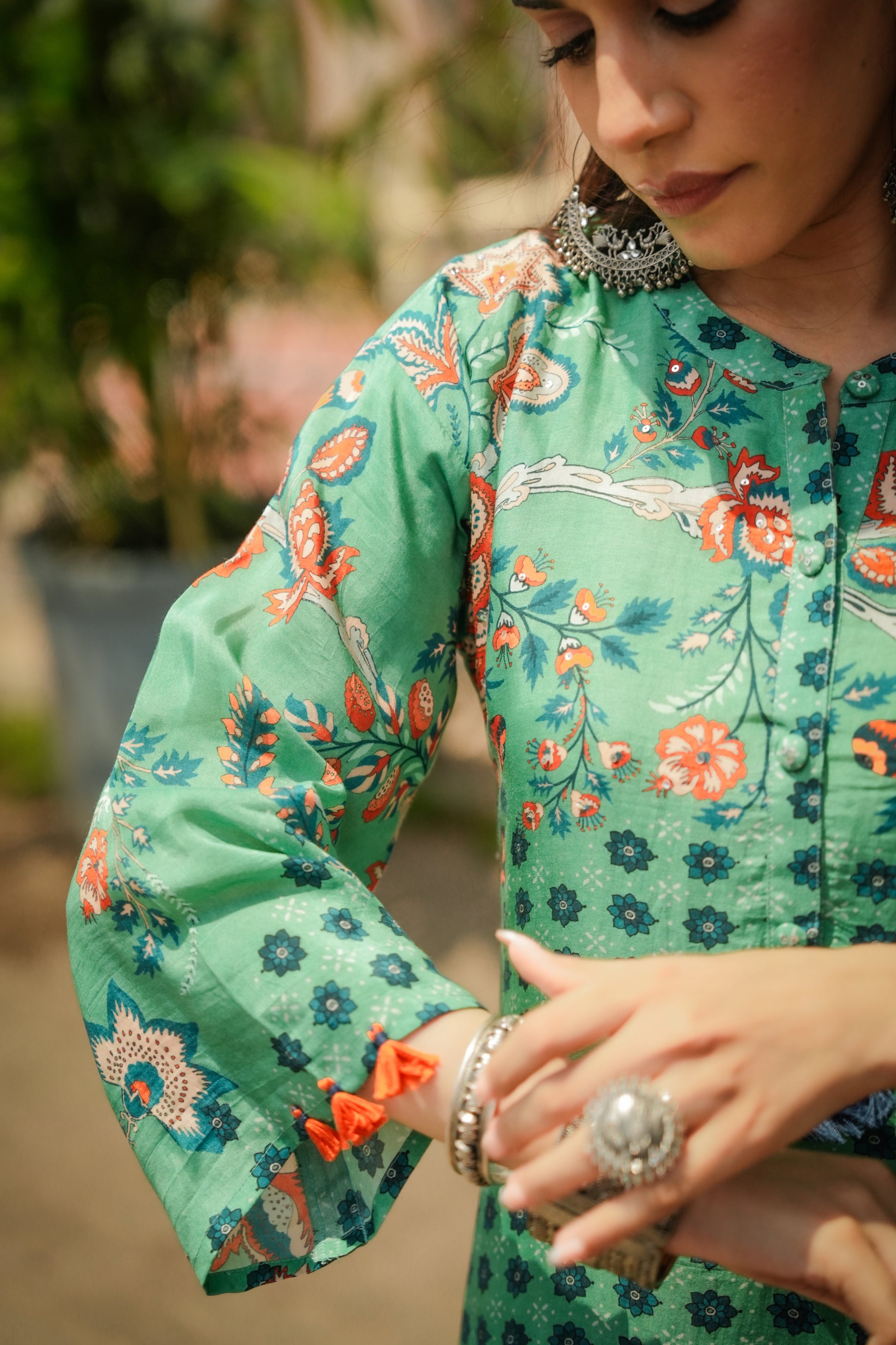 Green and Blue Pure Muslin Block and Floral Placement Print with Tassels Kurta Set- SET OF-2