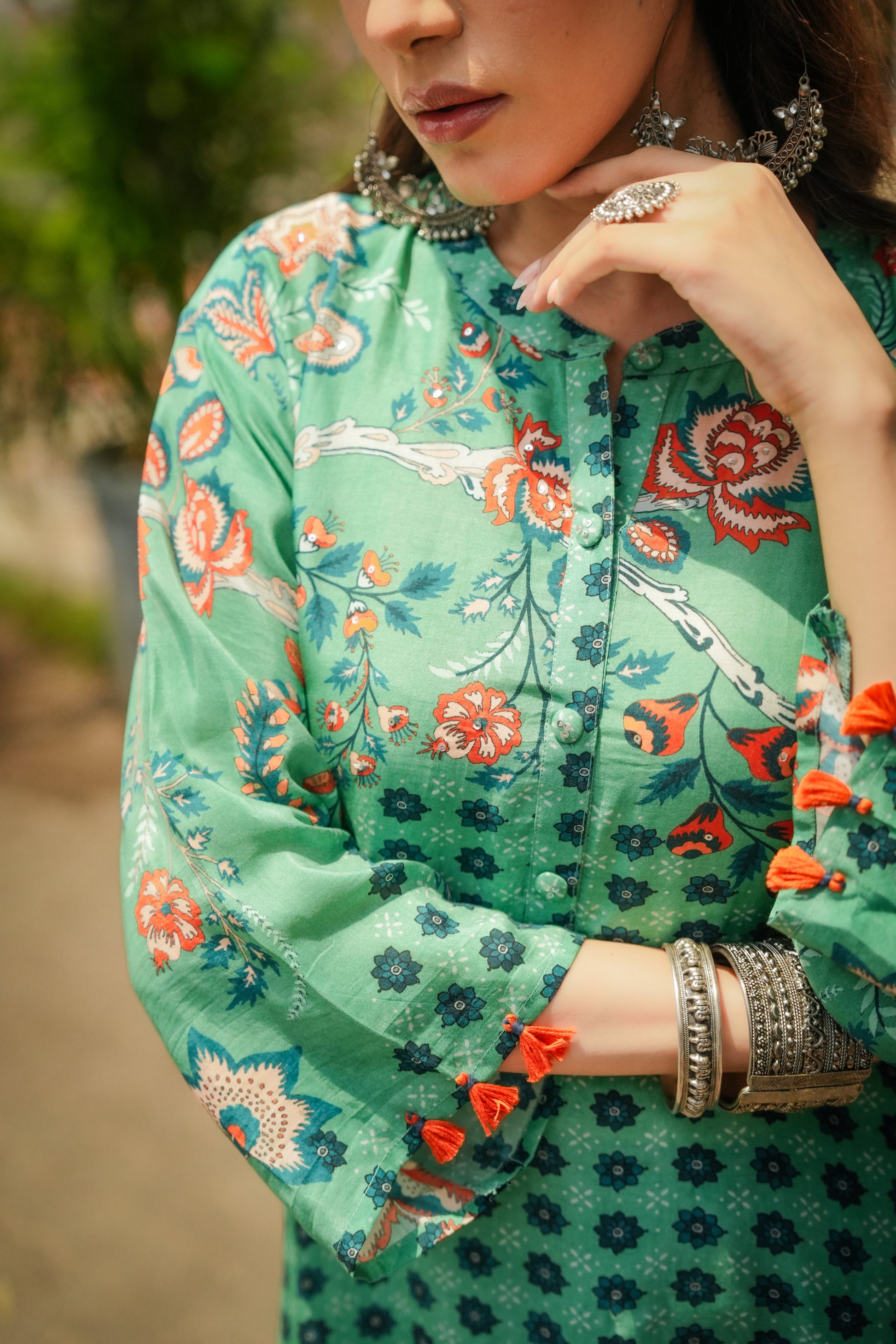 Green and Blue Pure Muslin Block and Floral Placement Print with Tassels Kurta Set- SET OF-2