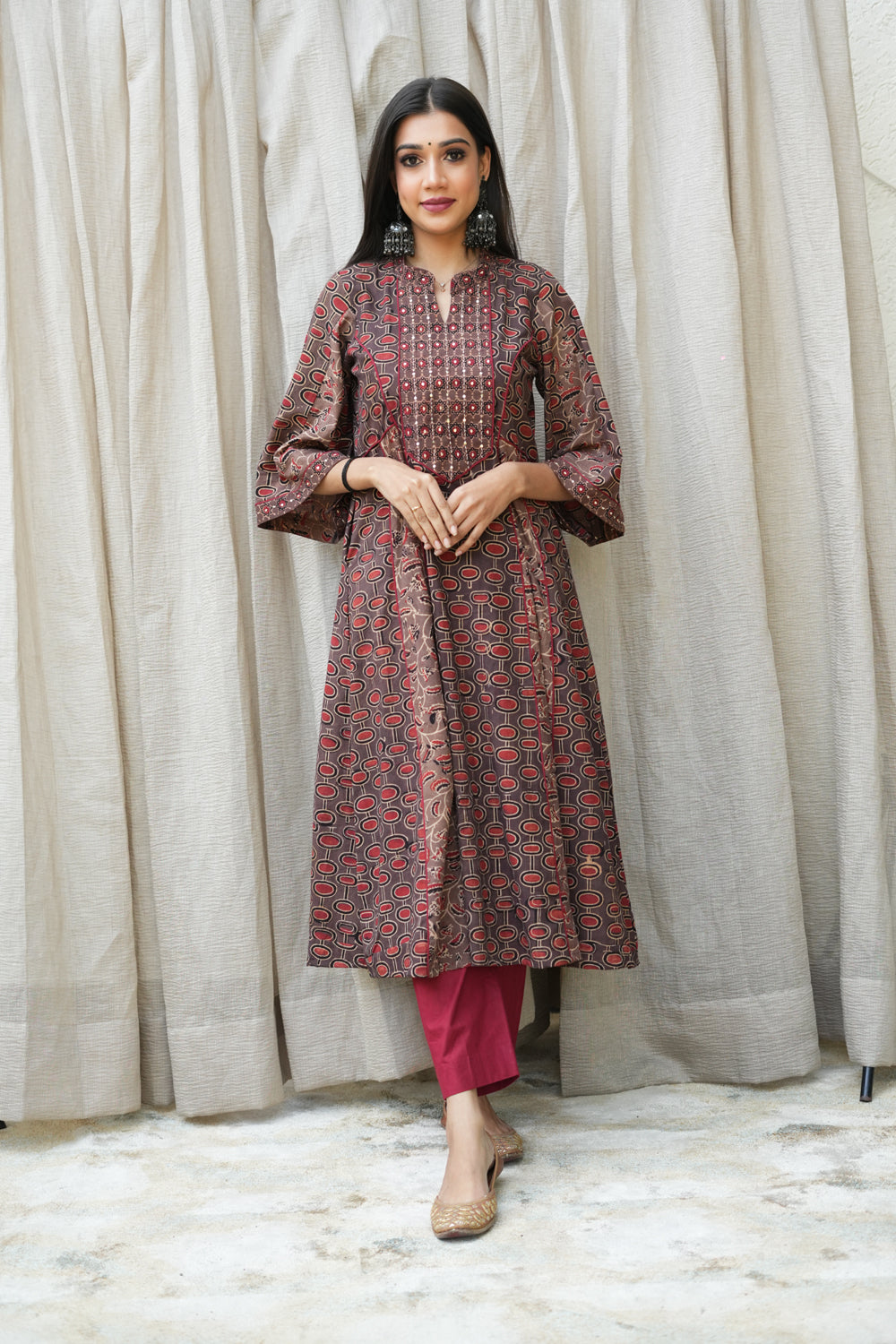 Brown ajrakh hand embroidered kali kurta