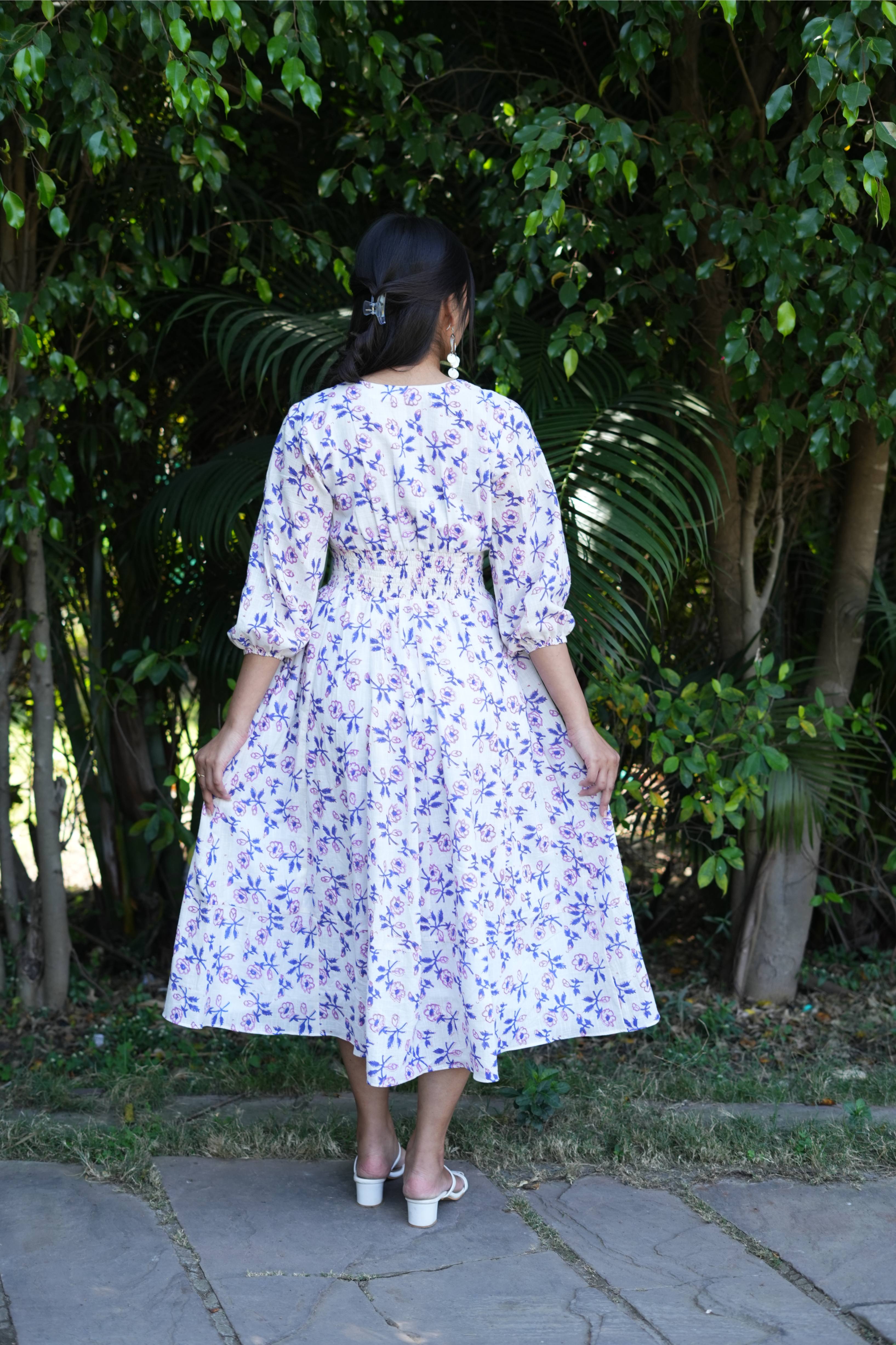 White Purple Flower Cotton Dress