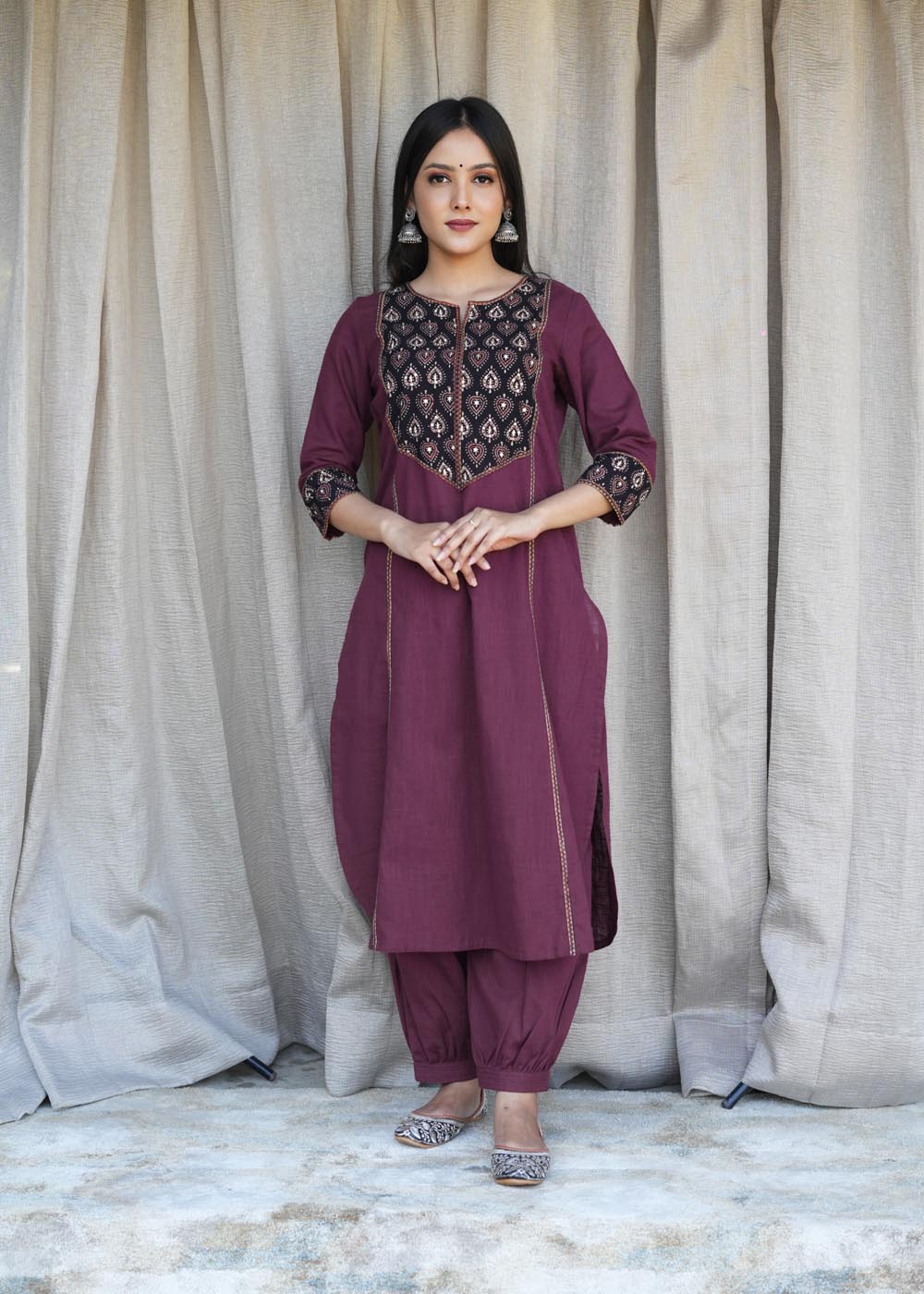 Brown Cotton Slub Paan Yoke Kurta