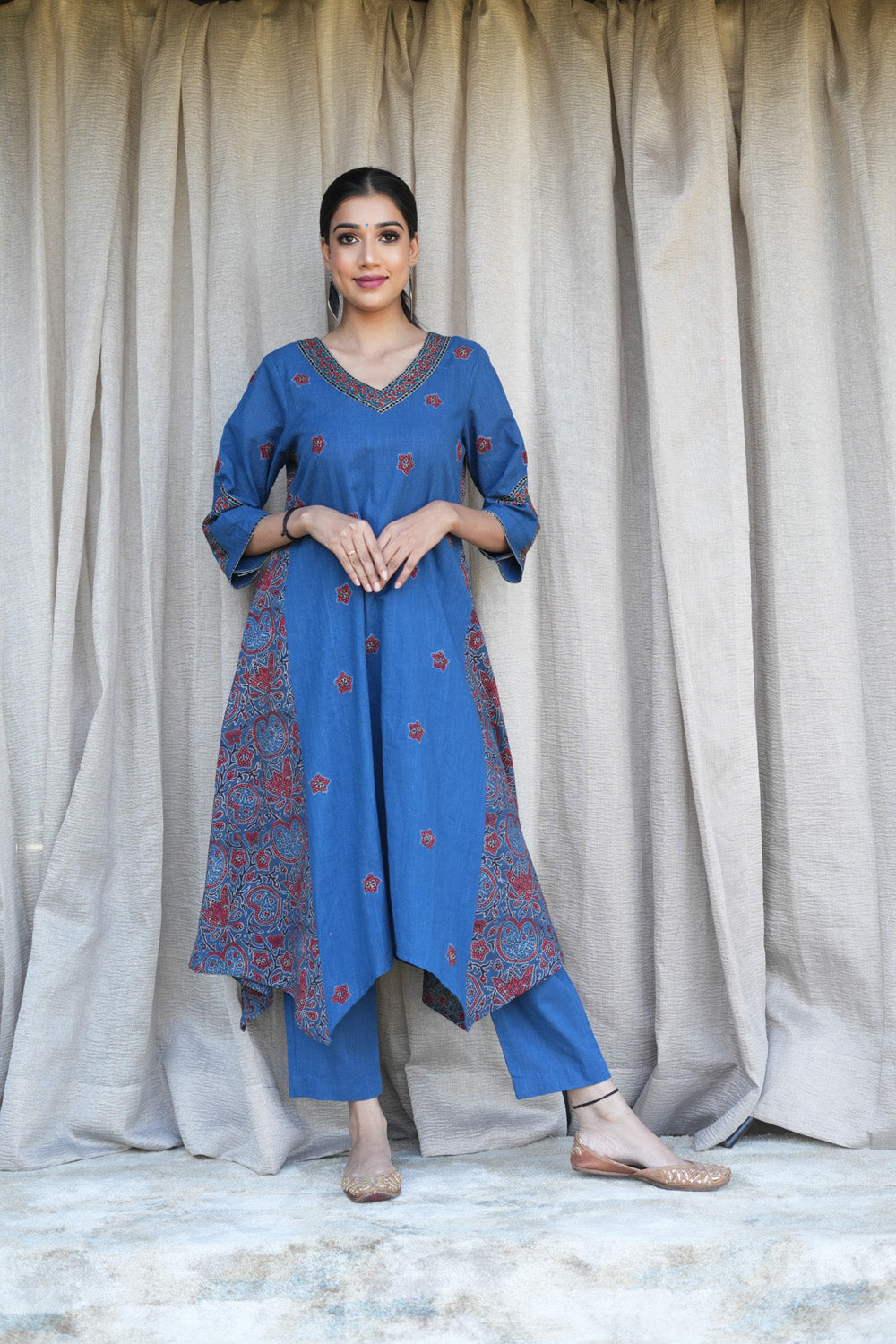 Blue Ajrakh Patched embroidered kurta