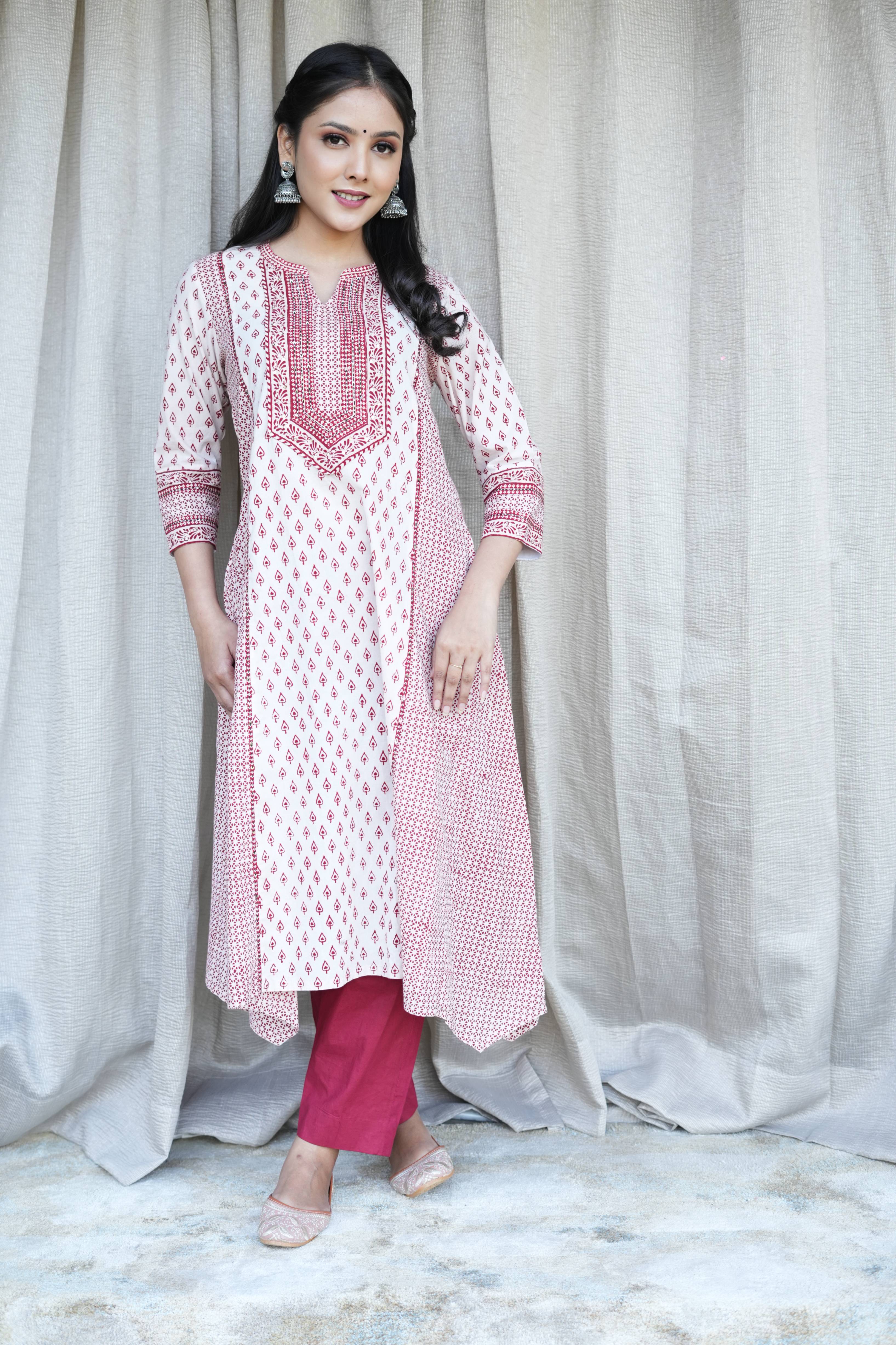 Red and White ajrakh Bagh Print Kurta