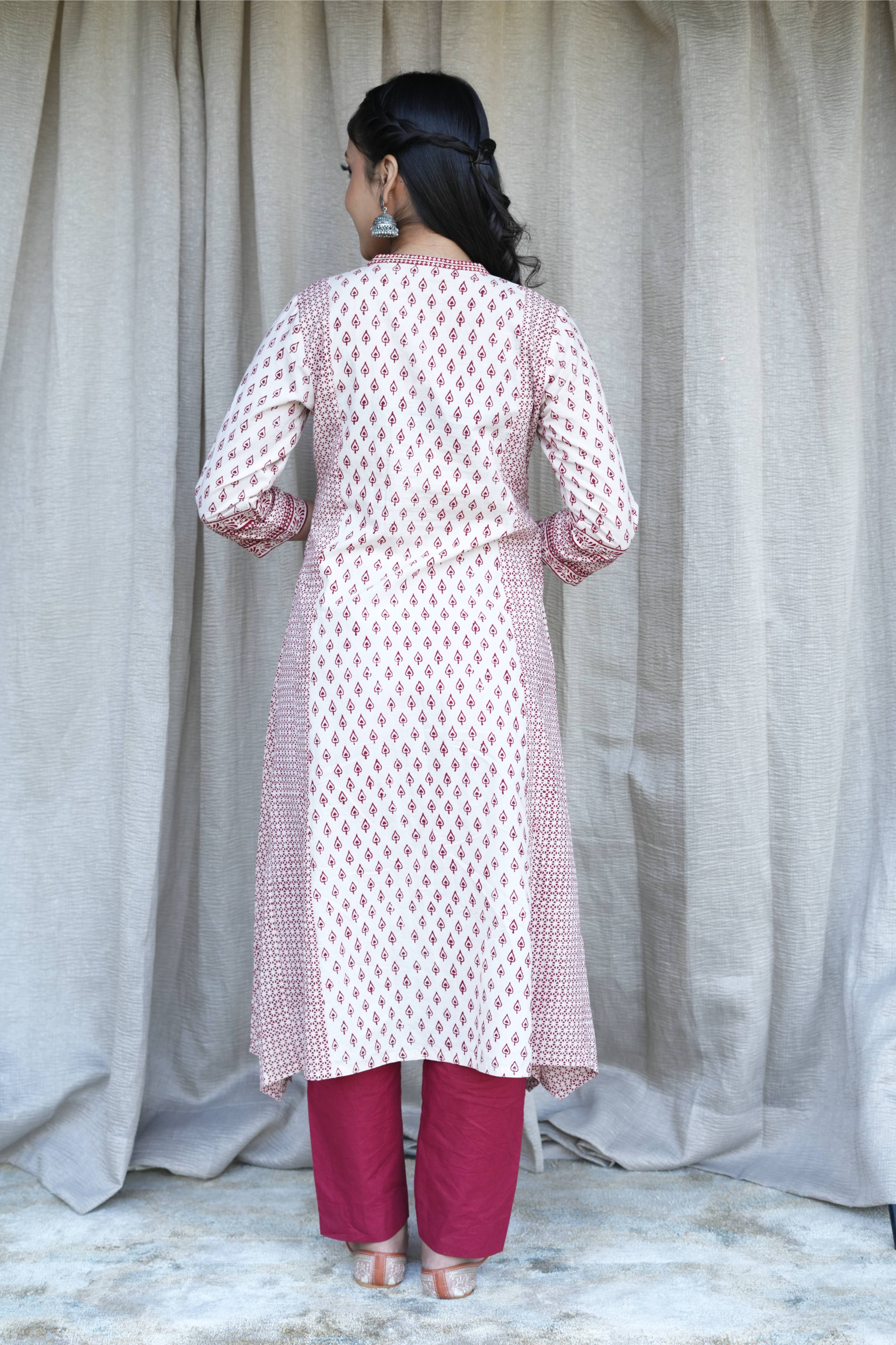 Red and White ajrakh Bagh Print Kurta and Pant