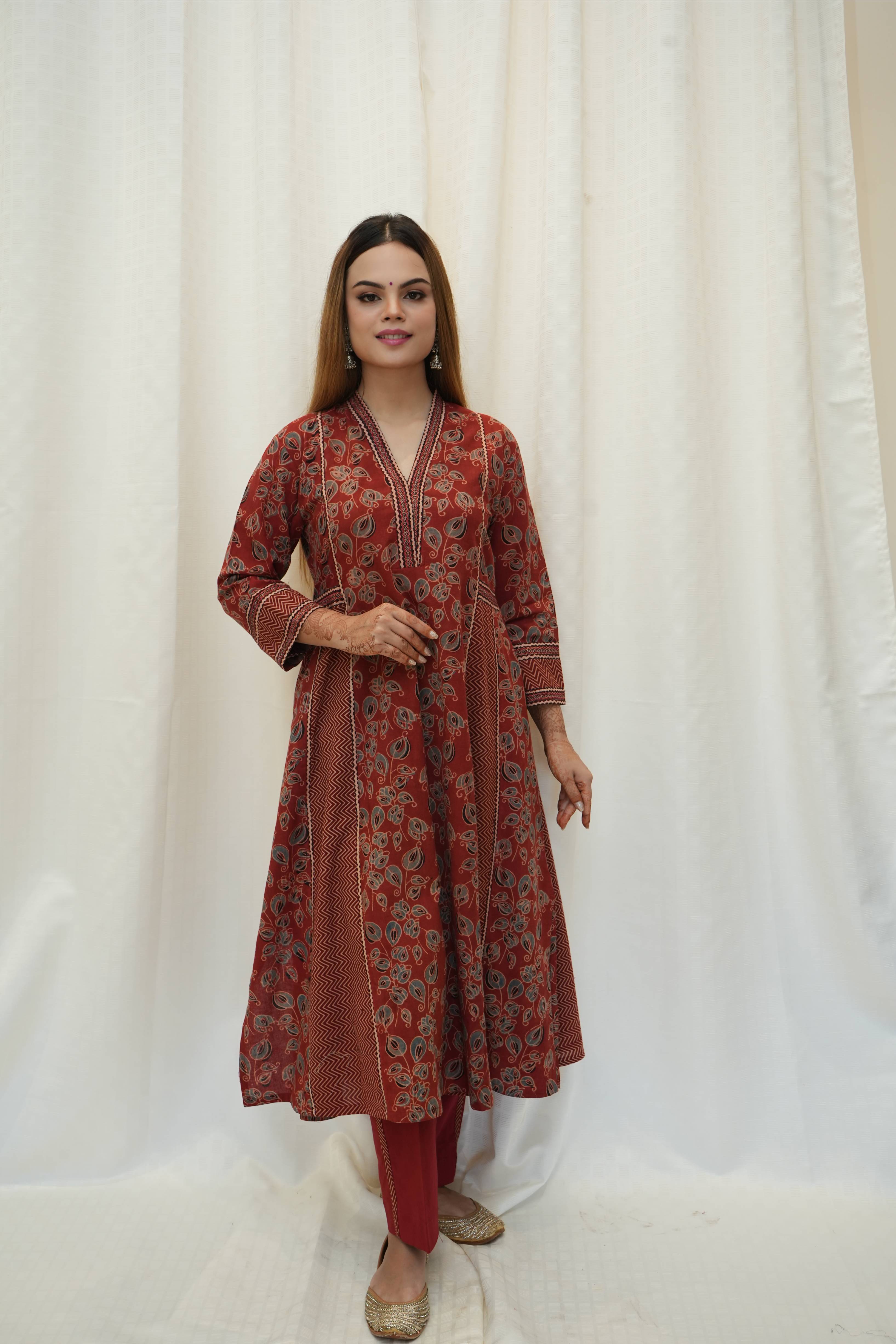 Red Ajrakah Floral and Zig zag Kali Kurta with Pant