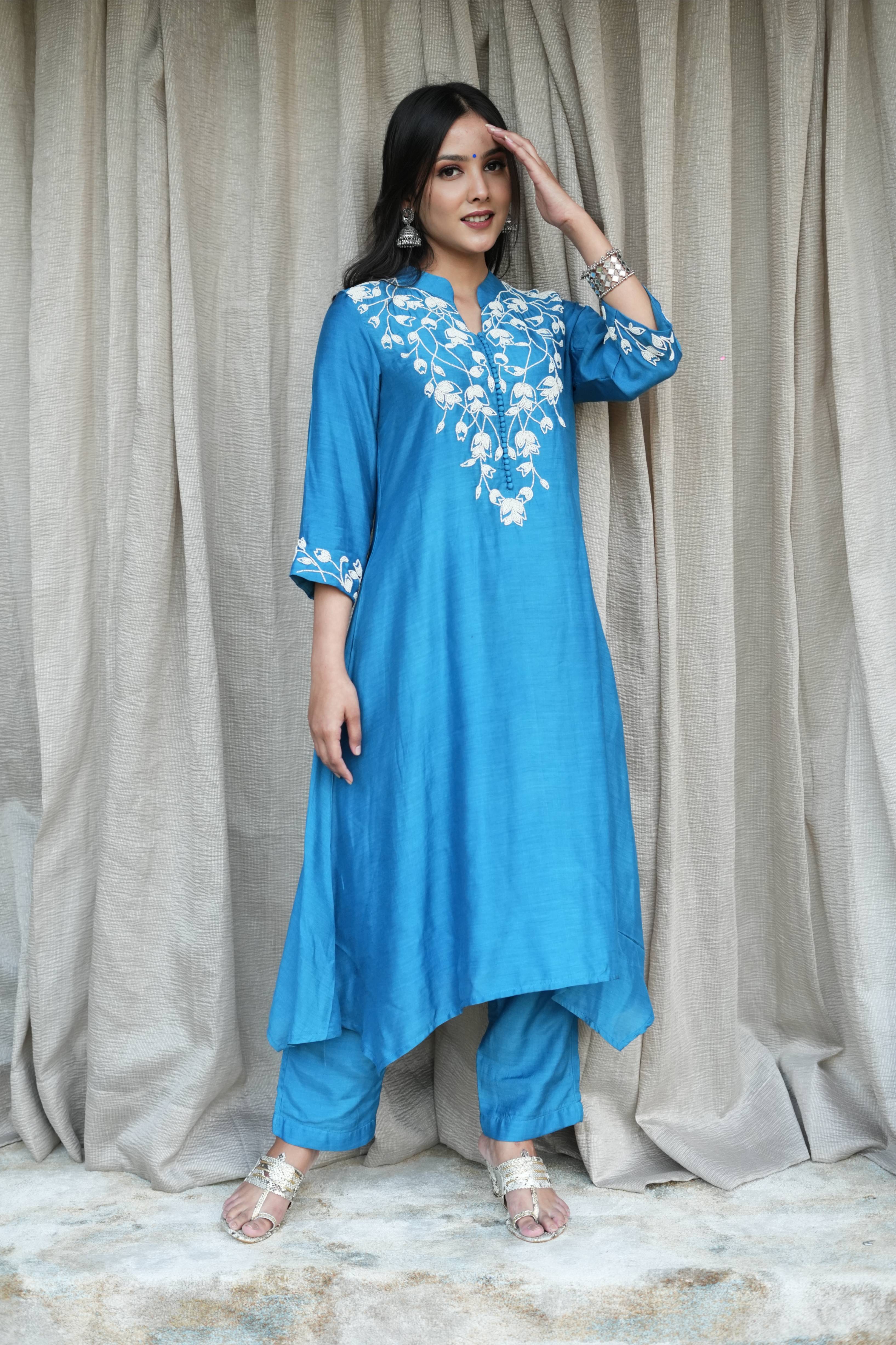 Blue Muslin Beaded Kurta and pant-Set of 2