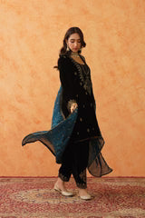 SAFAR BLACK VELVET EMBROIDERED SUIT WITH TEAL CONTRAST DUPATTA- II