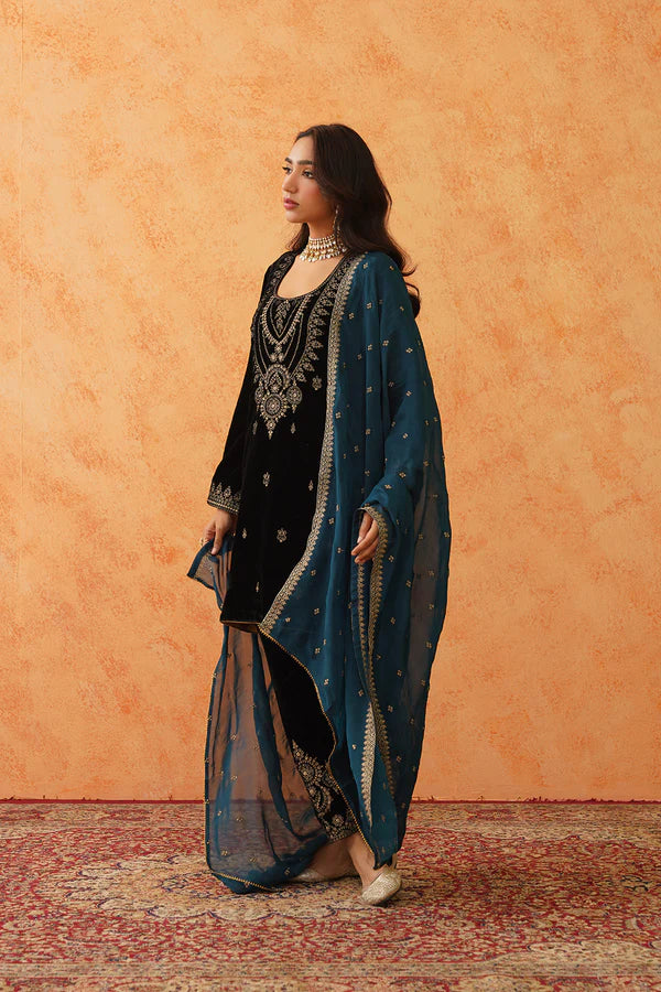 SAFAR BLACK VELVET EMBROIDERED SUIT WITH TEAL CONTRAST DUPATTA- II