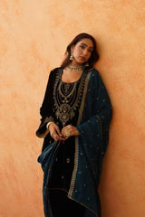 SAFAR BLACK VELVET EMBROIDERED SUIT WITH TEAL CONTRAST DUPATTA- II
