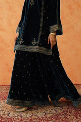 TEAL BLUE VELVET EMBROIDERED SHARARA SET- II