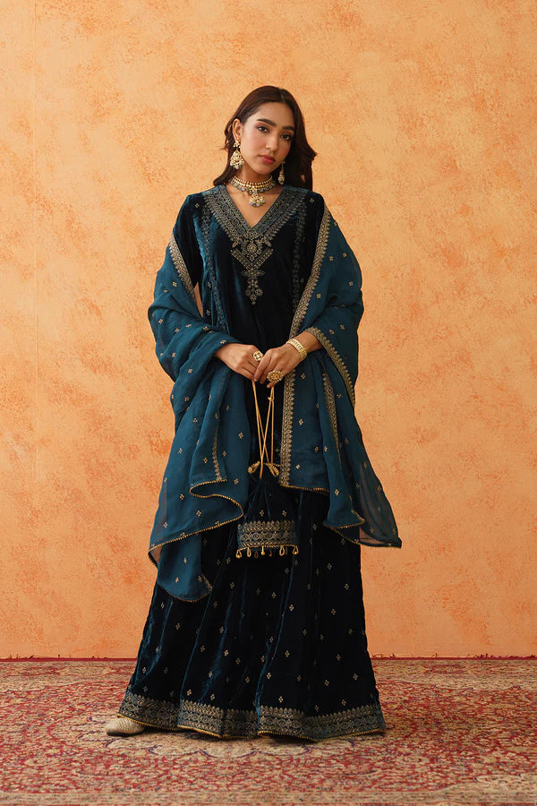 TEAL BLUE VELVET EMBROIDERED SHARARA SET- II