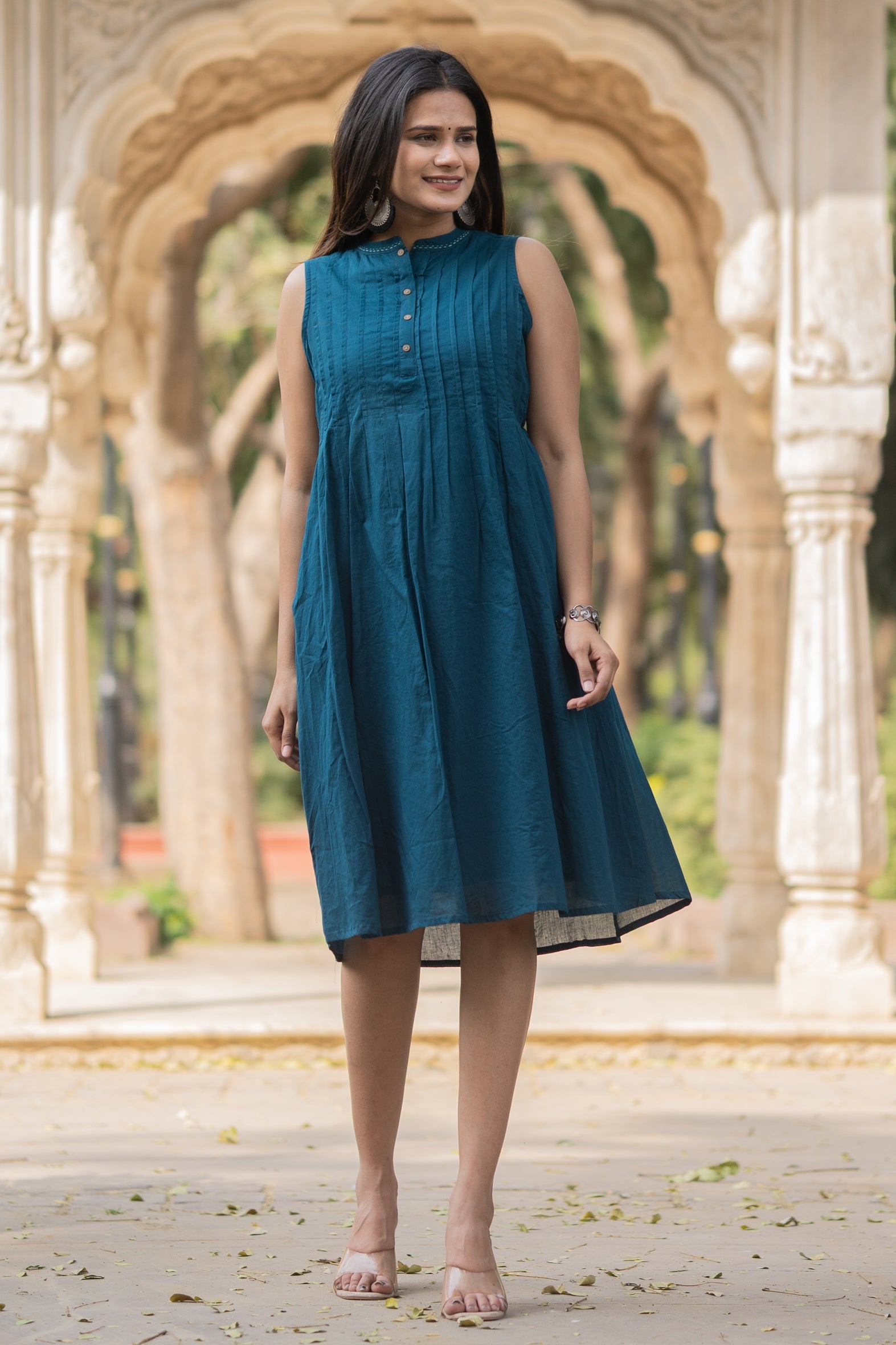 Blue Solid Knee Length Cotton Dress