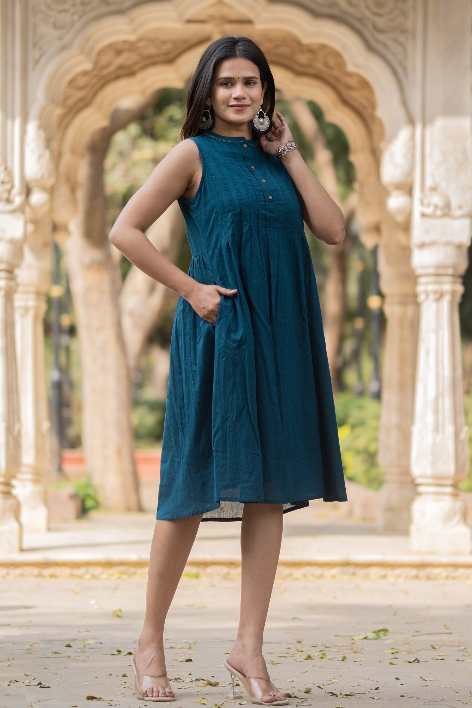 Blue Solid Knee Length Cotton Dress