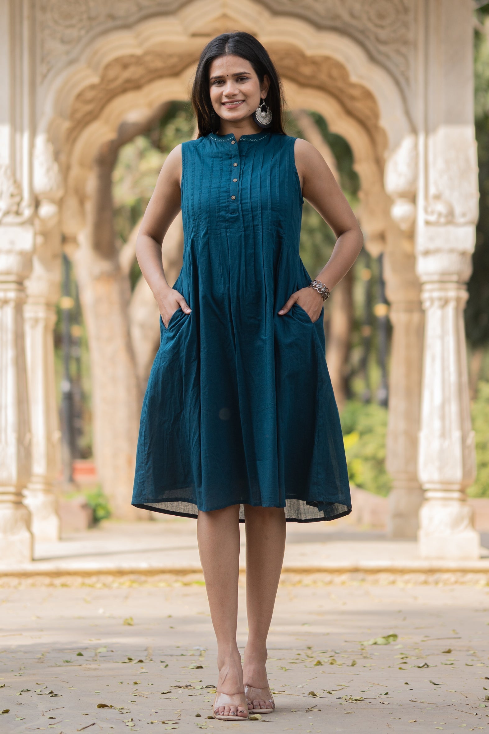 Blue Solid Knee Length Cotton Dress