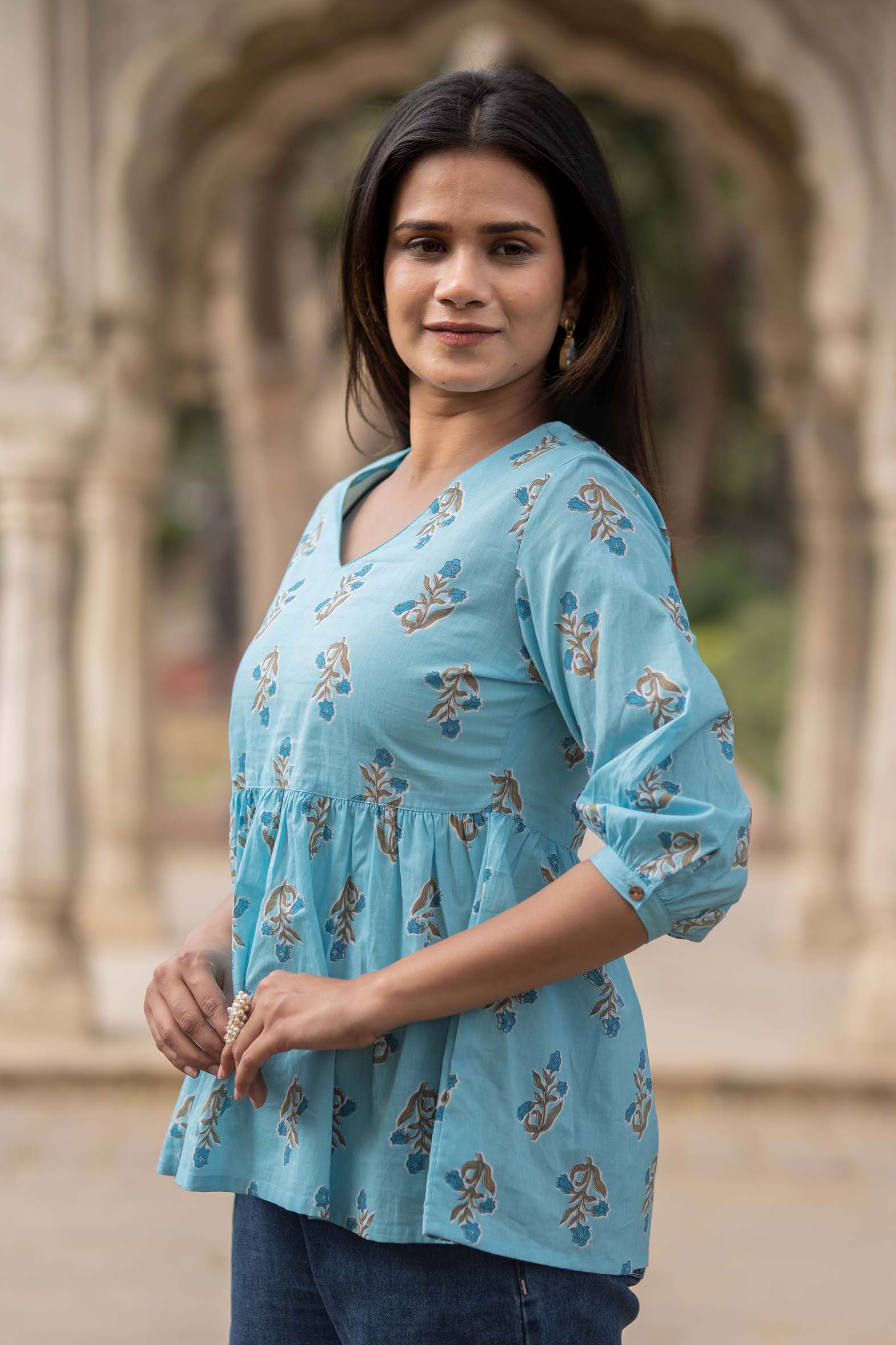 Sea Blue Flared Cotton Printed Short Top