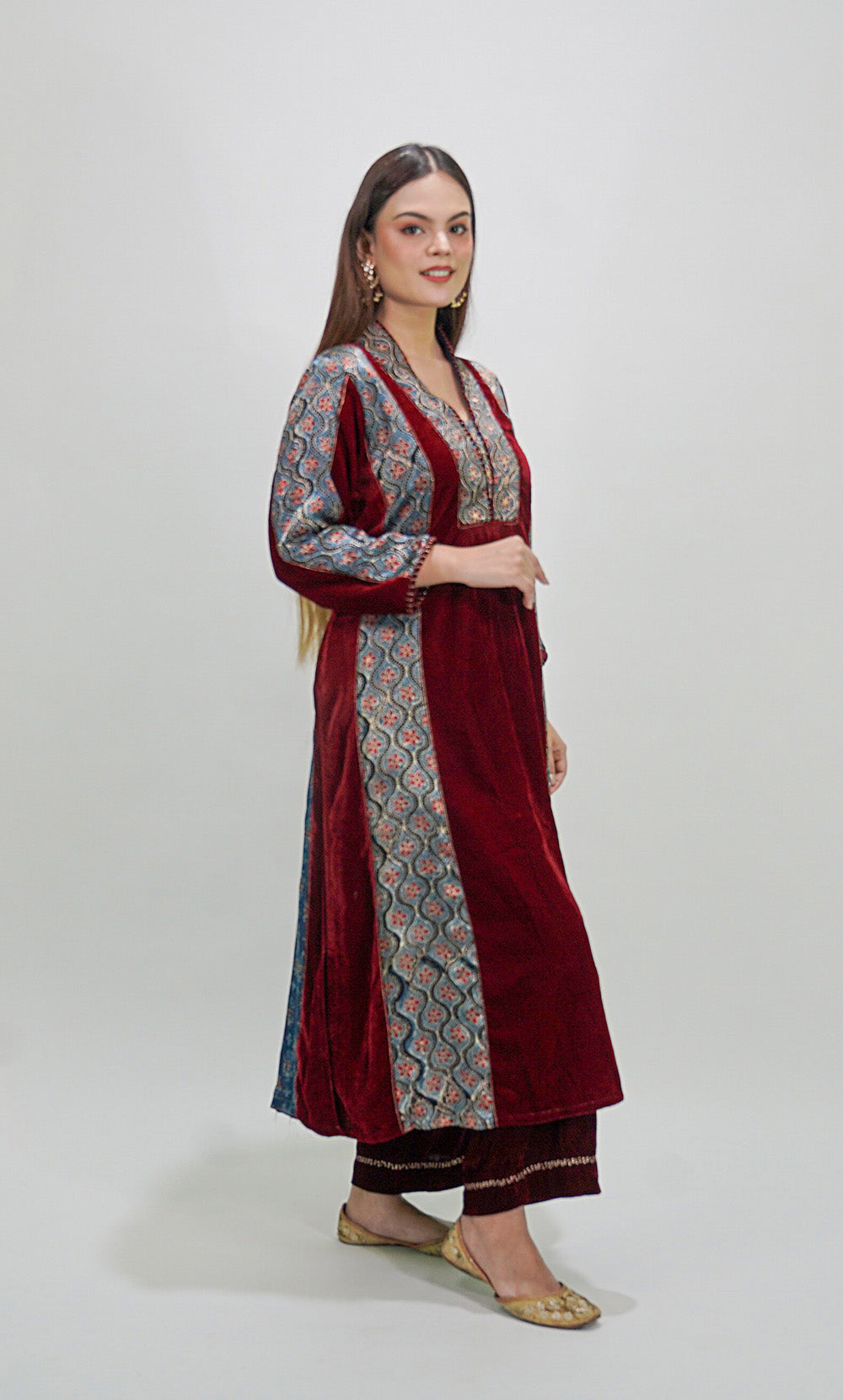 Maroon Velvet Ajrakh Applique Golden Embroidered Kurta And Pant-Set of 2