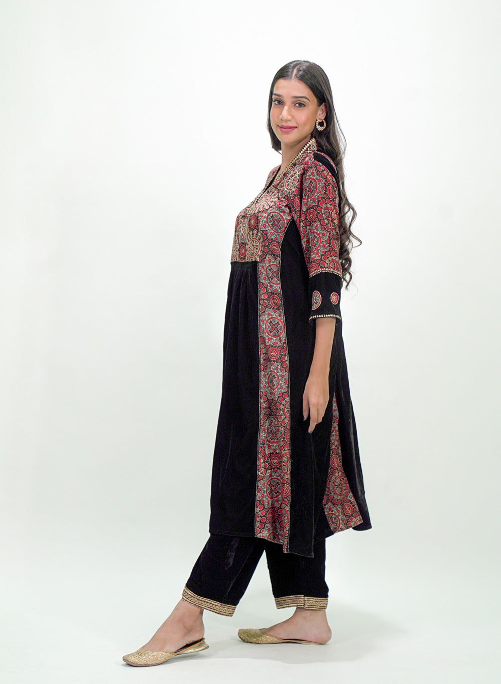 Black Velvet Ajrakh Patched Modal Silk Kurta And Pant