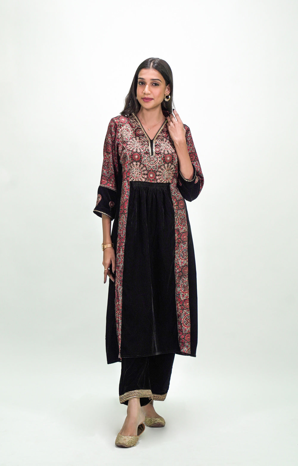 Black Velvet Ajrakh Patched Modal Silk Kurta And Pant