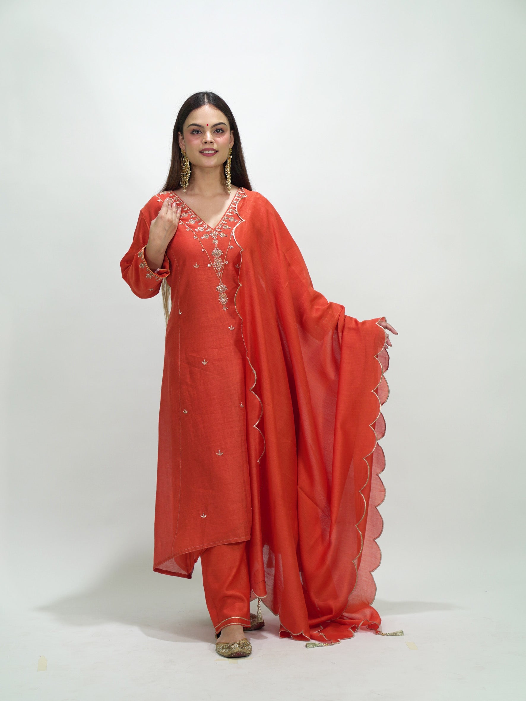 Orange V Neck Golden Embroidered Chanderi Suit Set