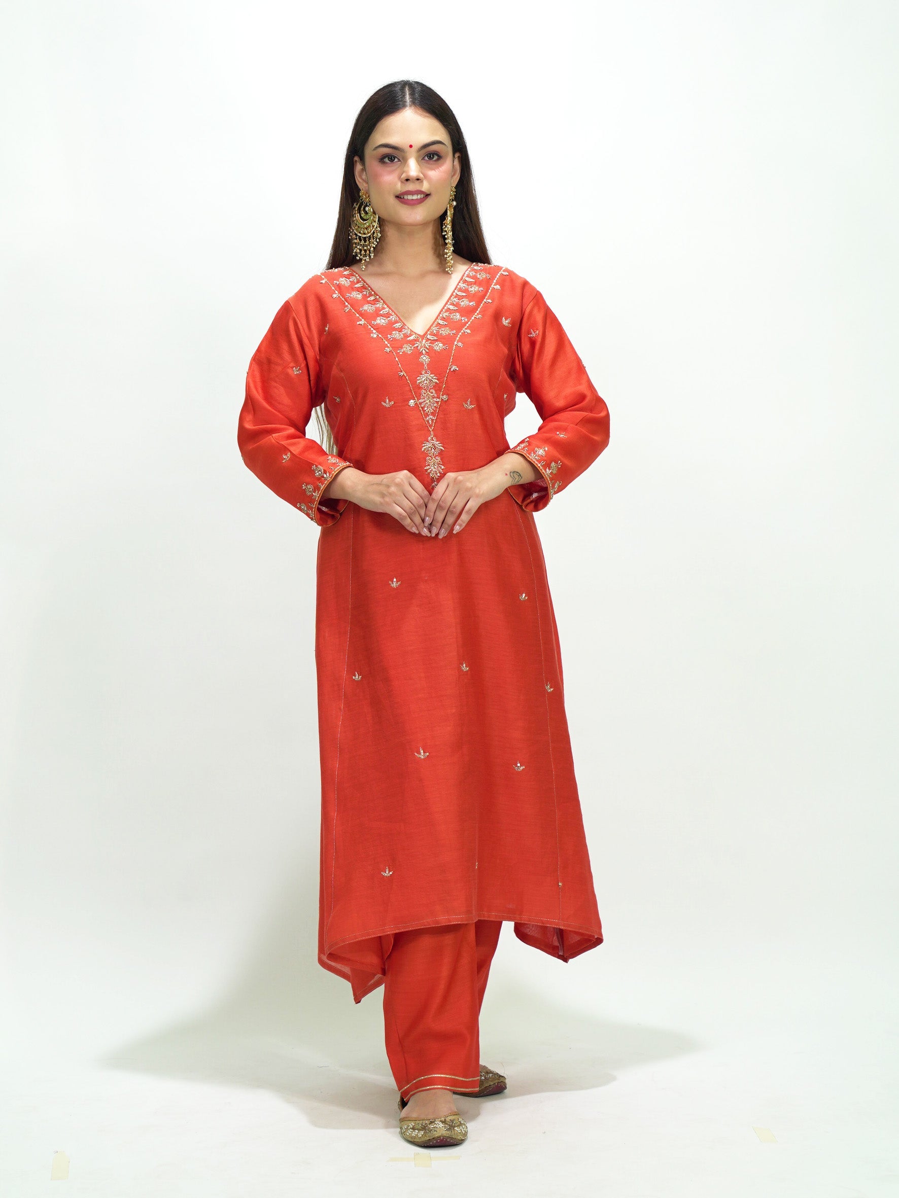 Orange V Neck Golden Embroidered Chanderi Suit Set