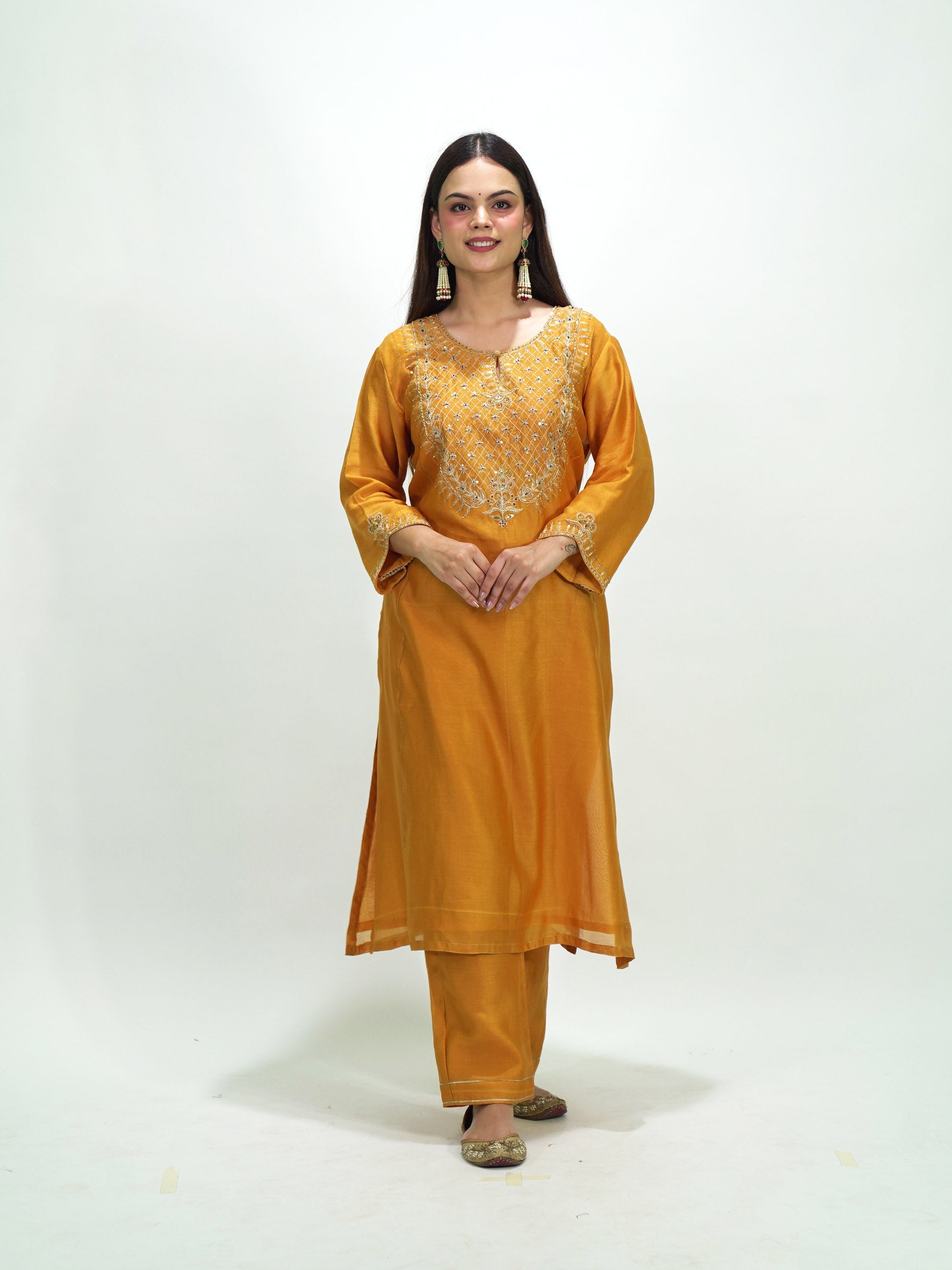 Mustard Chanderi Golden Embroidered Suit Set