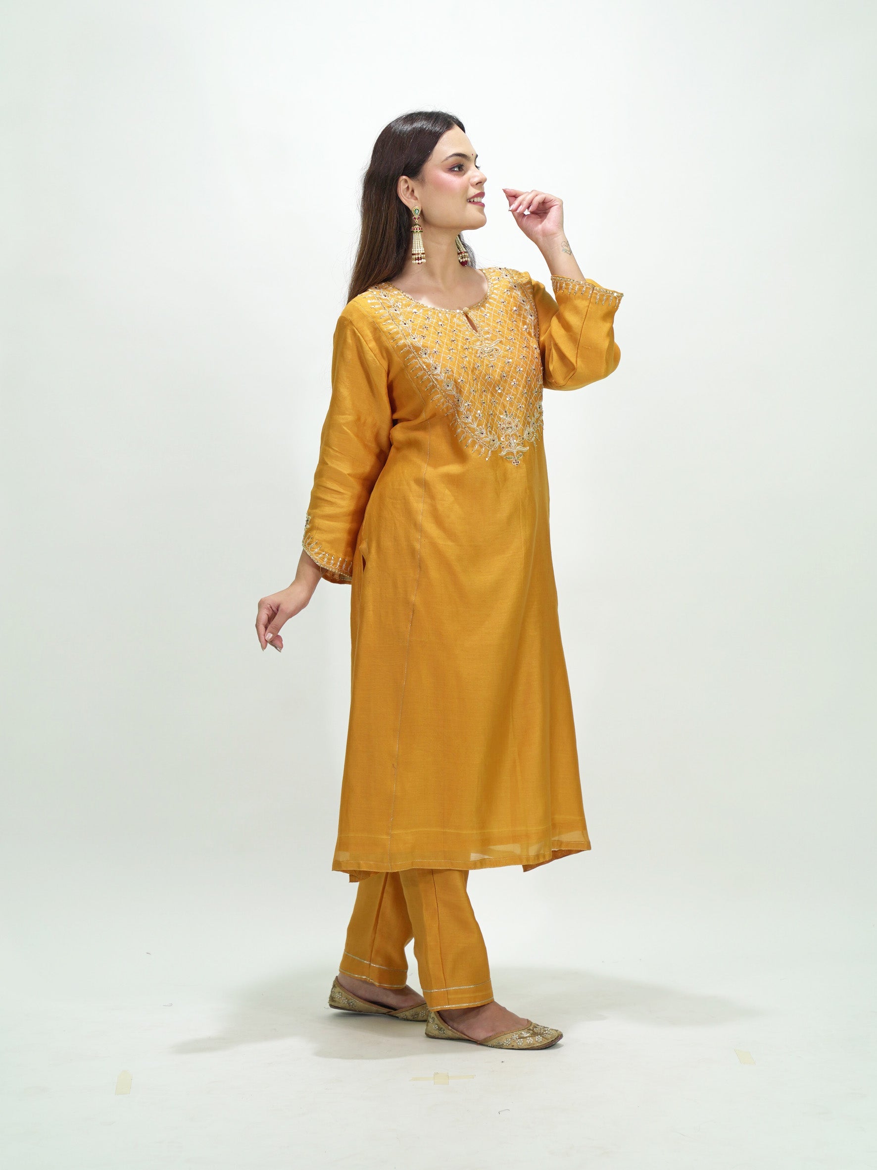 Mustard Chanderi Golden Embroidered Suit Set