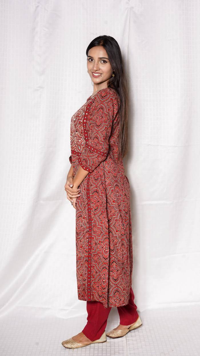 Red Ajrakh Circle Hand Embroidered Kurta