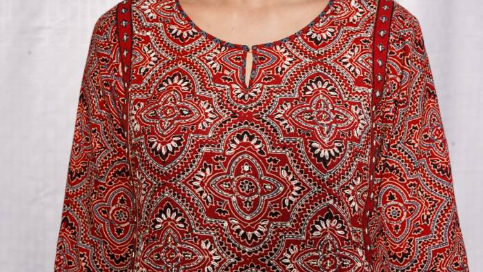 Red Ajrakh Circle Hand Embroidered Kurta and Pant