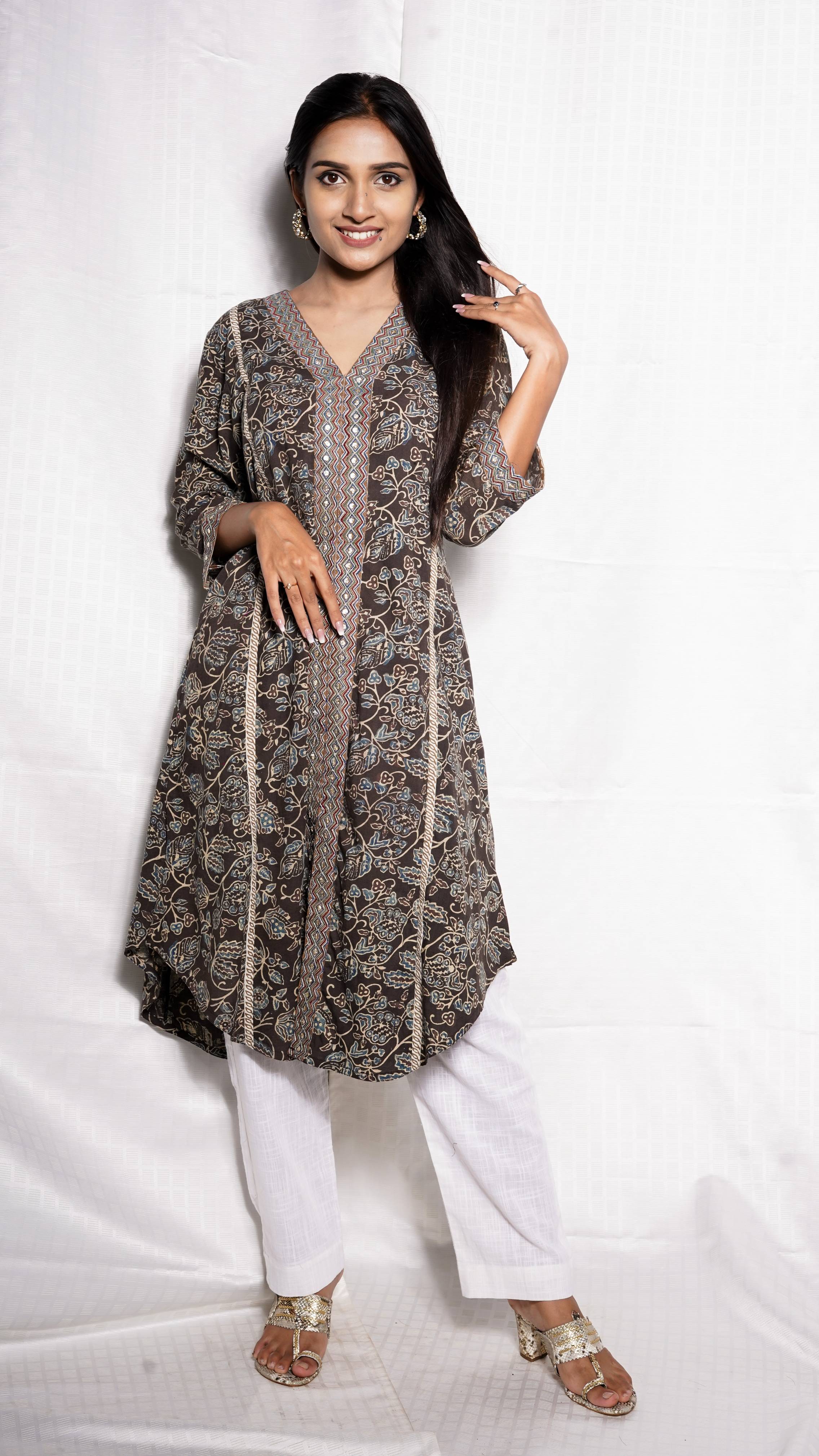 Grey and Blue Ajrakh Machine Embroidered Kurta