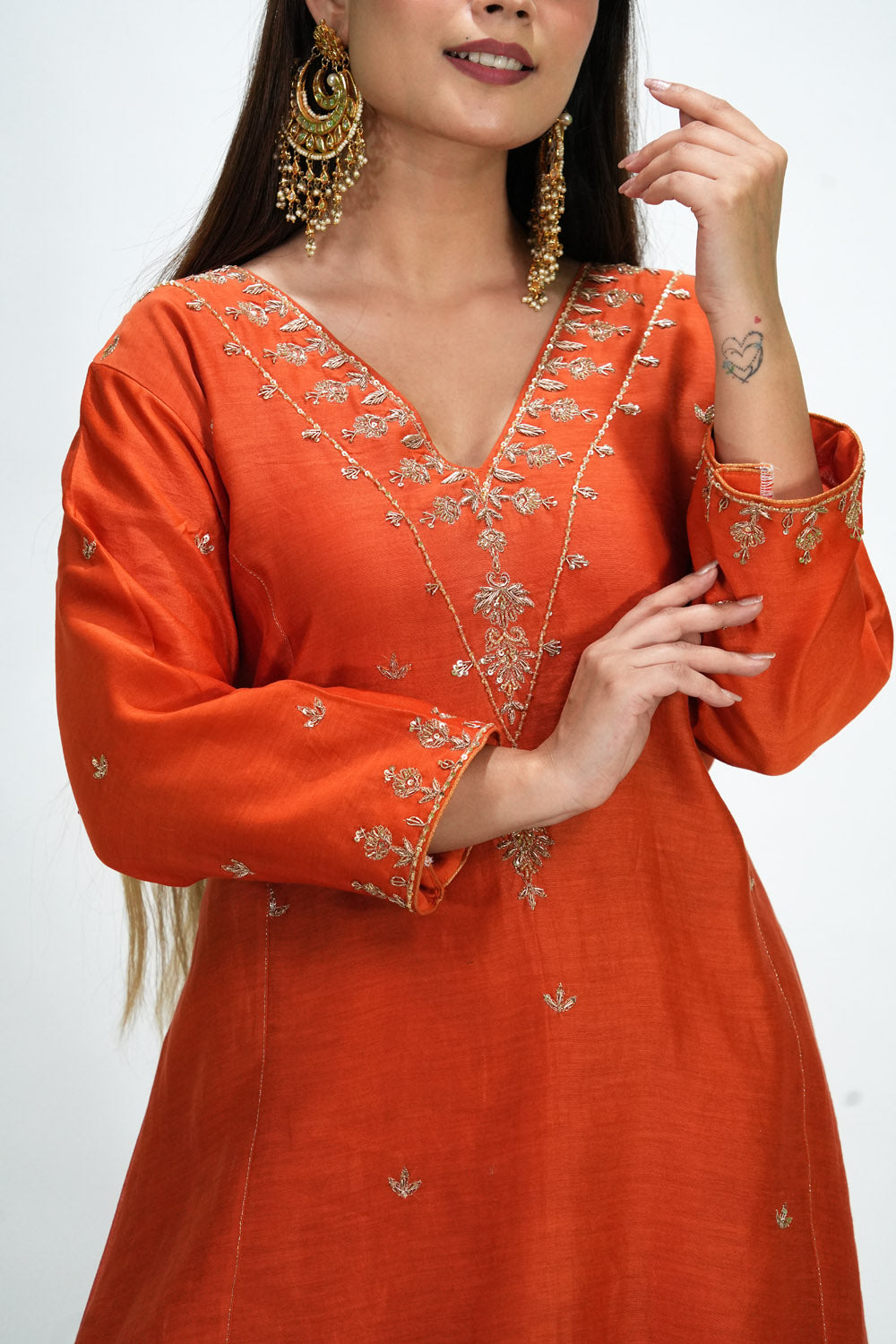 Orange V Neck Golden Embroidered Chanderi Suit Set