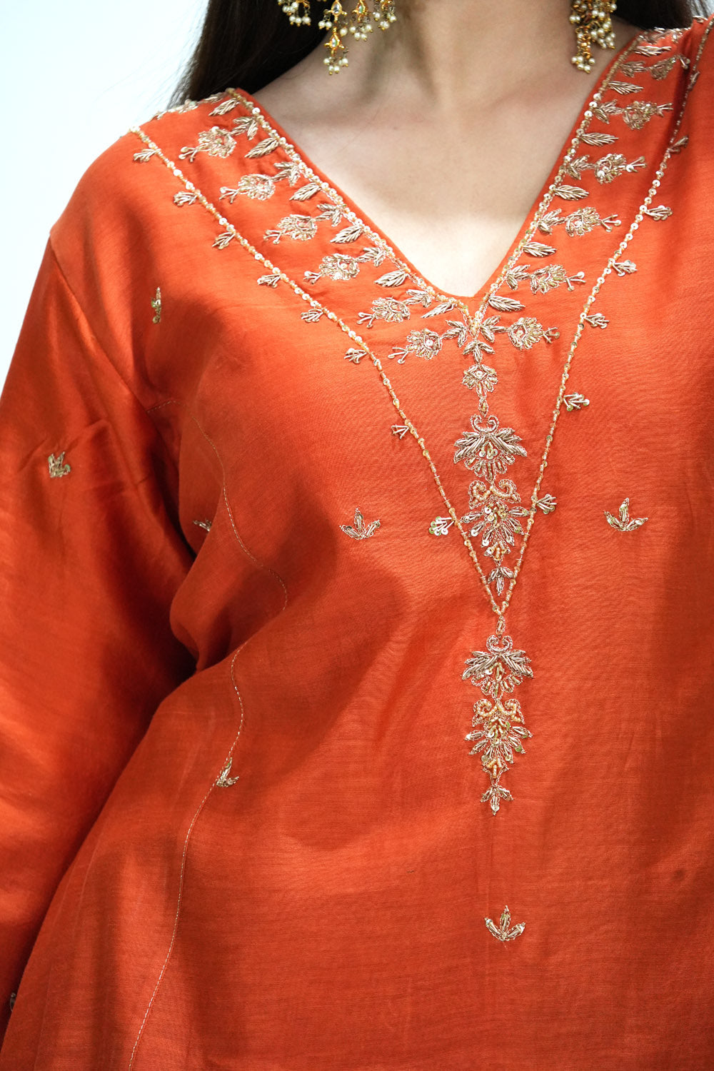 Orange V Neck Golden Embroidered Chanderi Suit Set