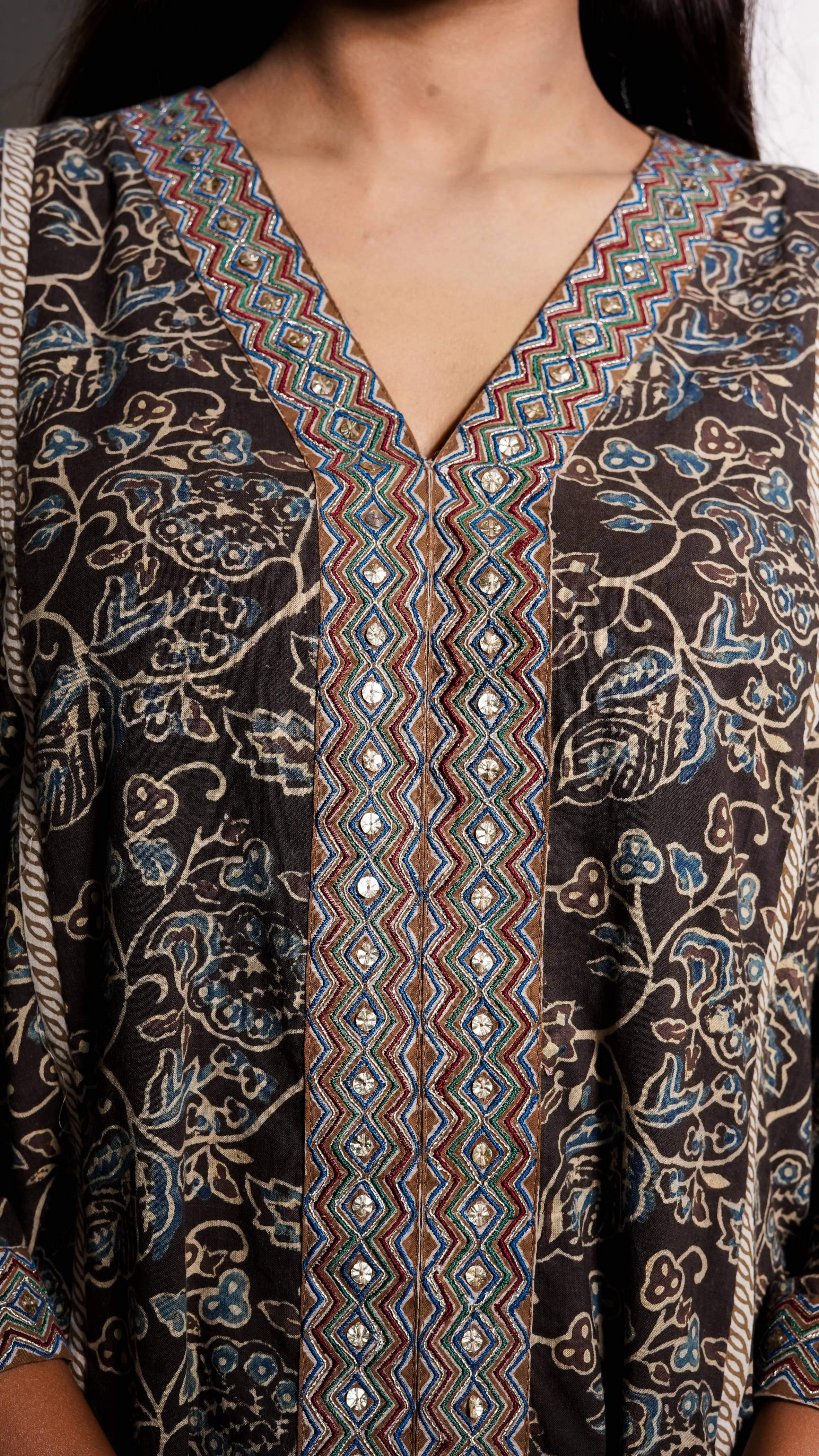 Grey and Blue Ajrakh Machine Embroidered Kurta and Pant