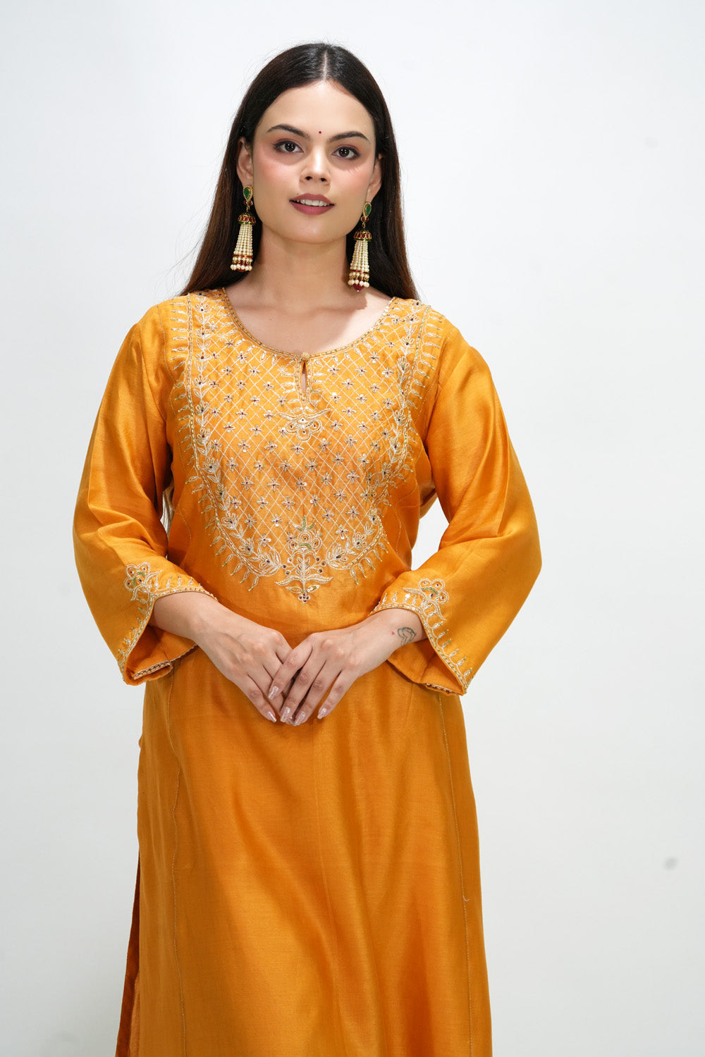 Mustard Chanderi Golden Embroidered Suit Set