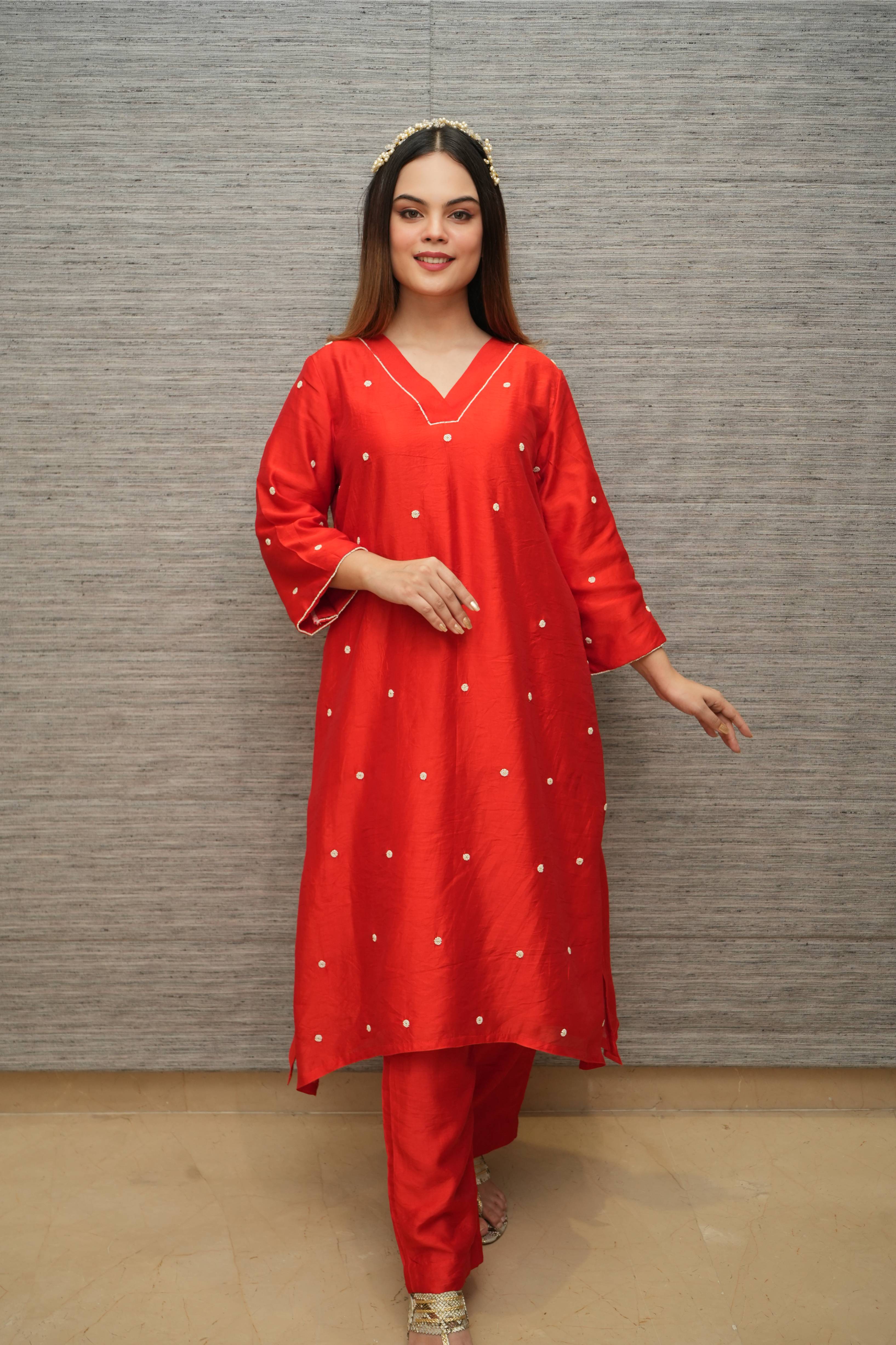 Red Chanderi Beaded Work Kurta And Pant