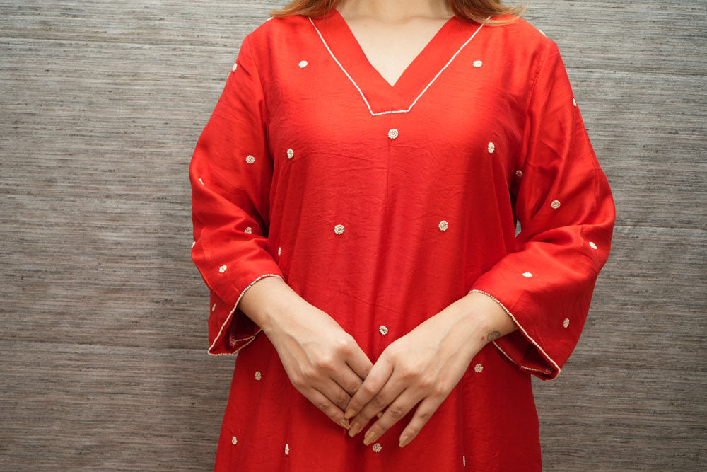 Red Chanderi Beaded Kurta And Pant