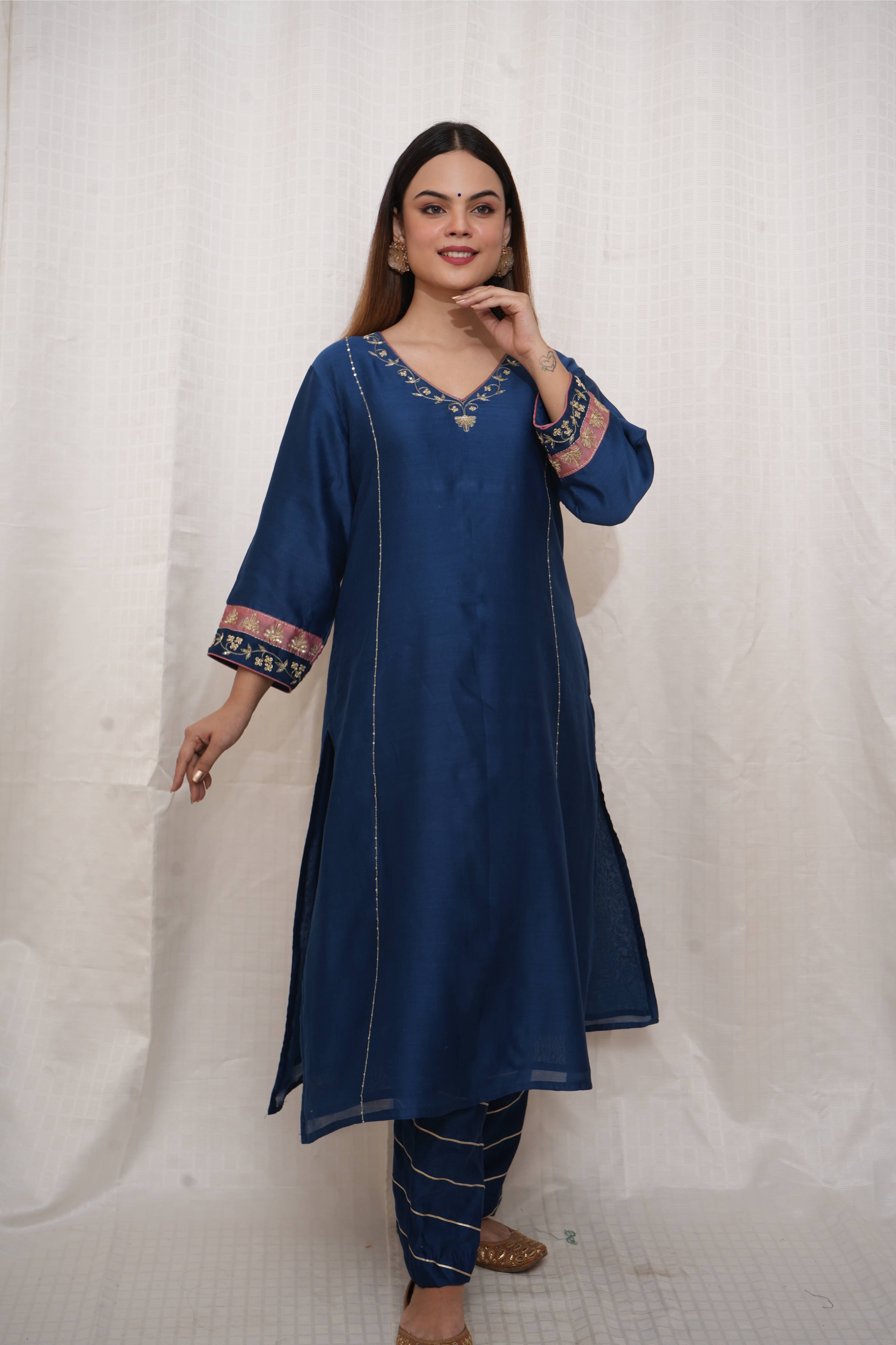 Blue Chanderi Golden embroiderd and beaded Suit Set