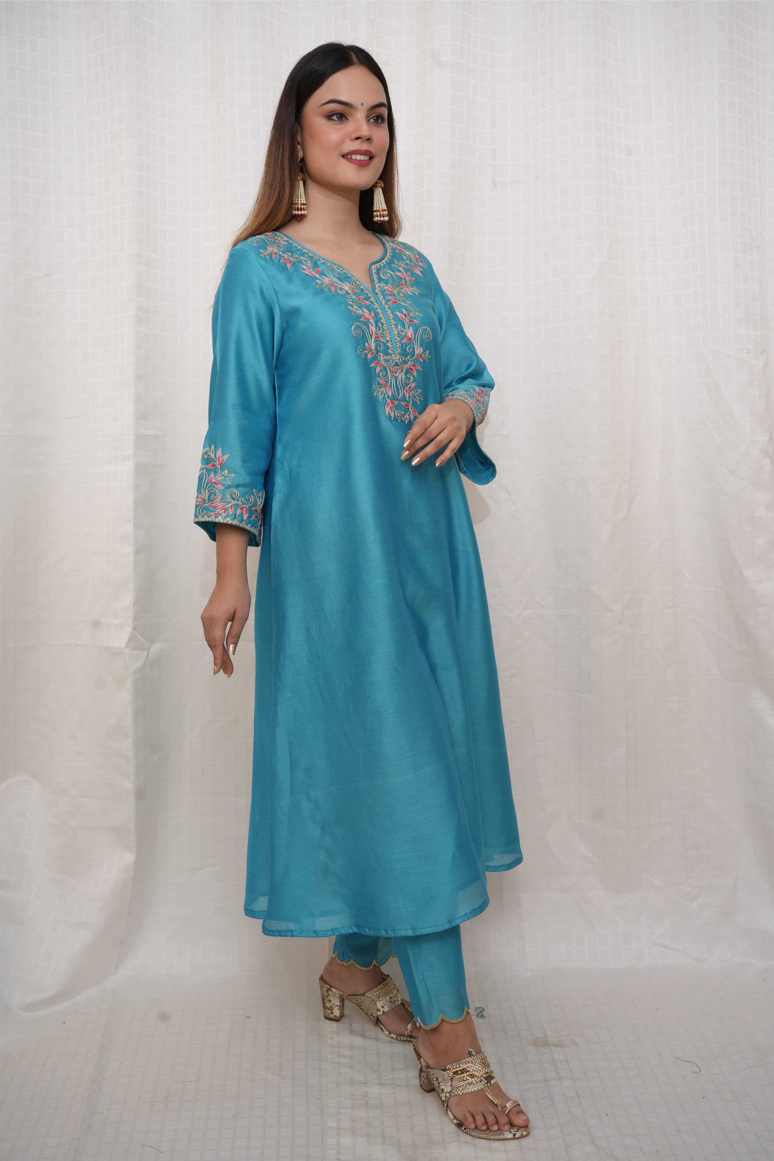 Poweder Blue Chanderi Silk Dori and Shaded Suit Set