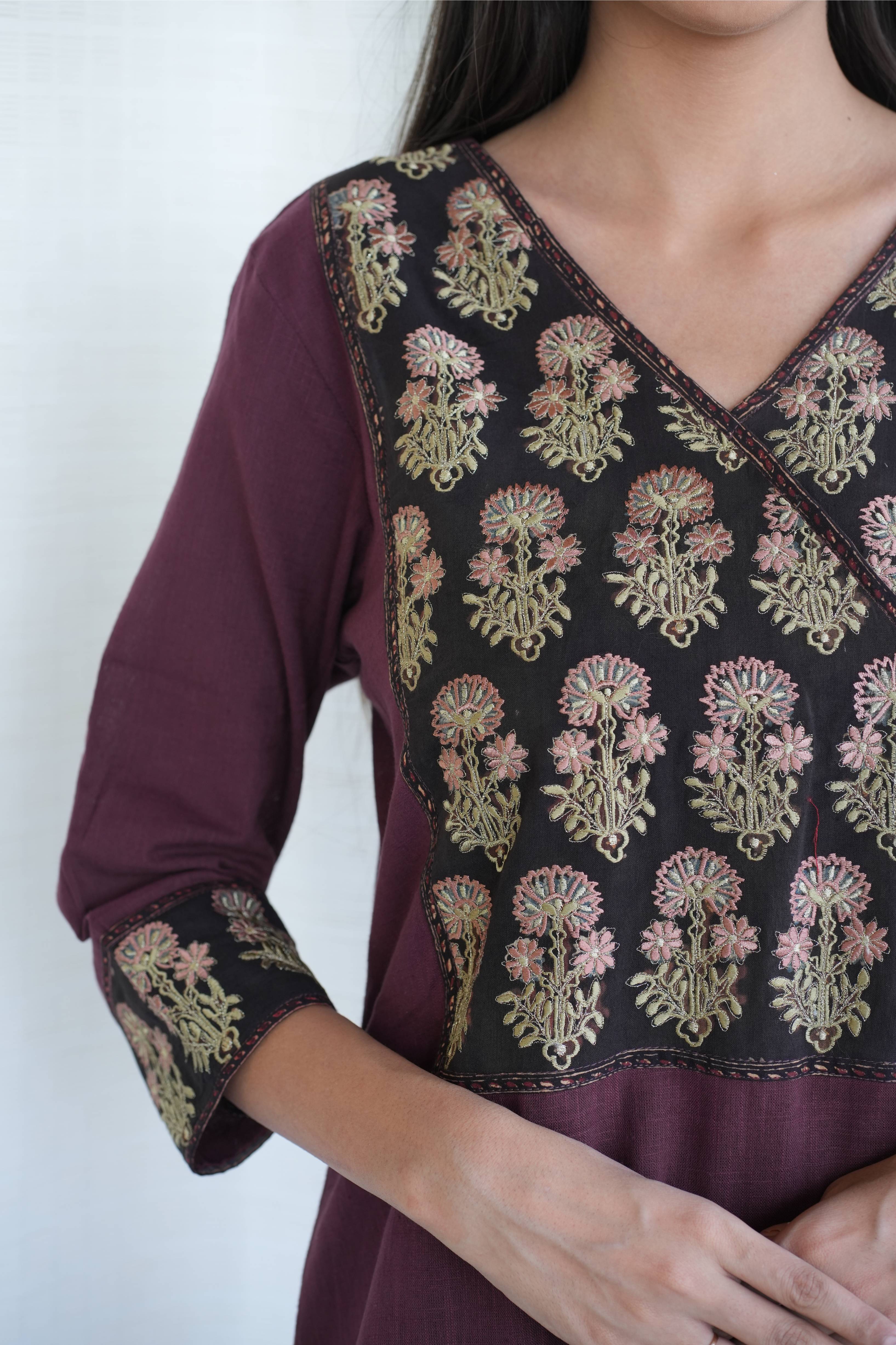 Brown Ajrakh Hand Block Printed Cotton Linen Kurta